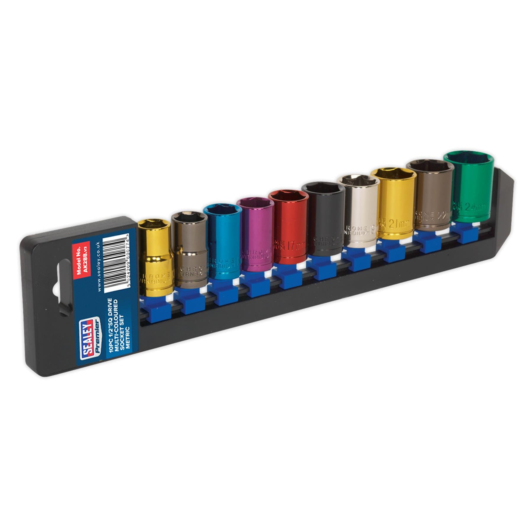 Sealey 10pc Multi Coloured Socket Set 13mm - 24mm 6pt Set 1/2" Sq Drive Metric