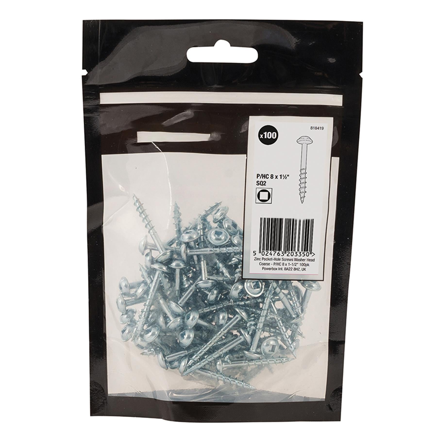 Zinc Pocket-Hole Screws Washer Head Coarse Thread Rust Resistant- 8x1-1/2" 100pk