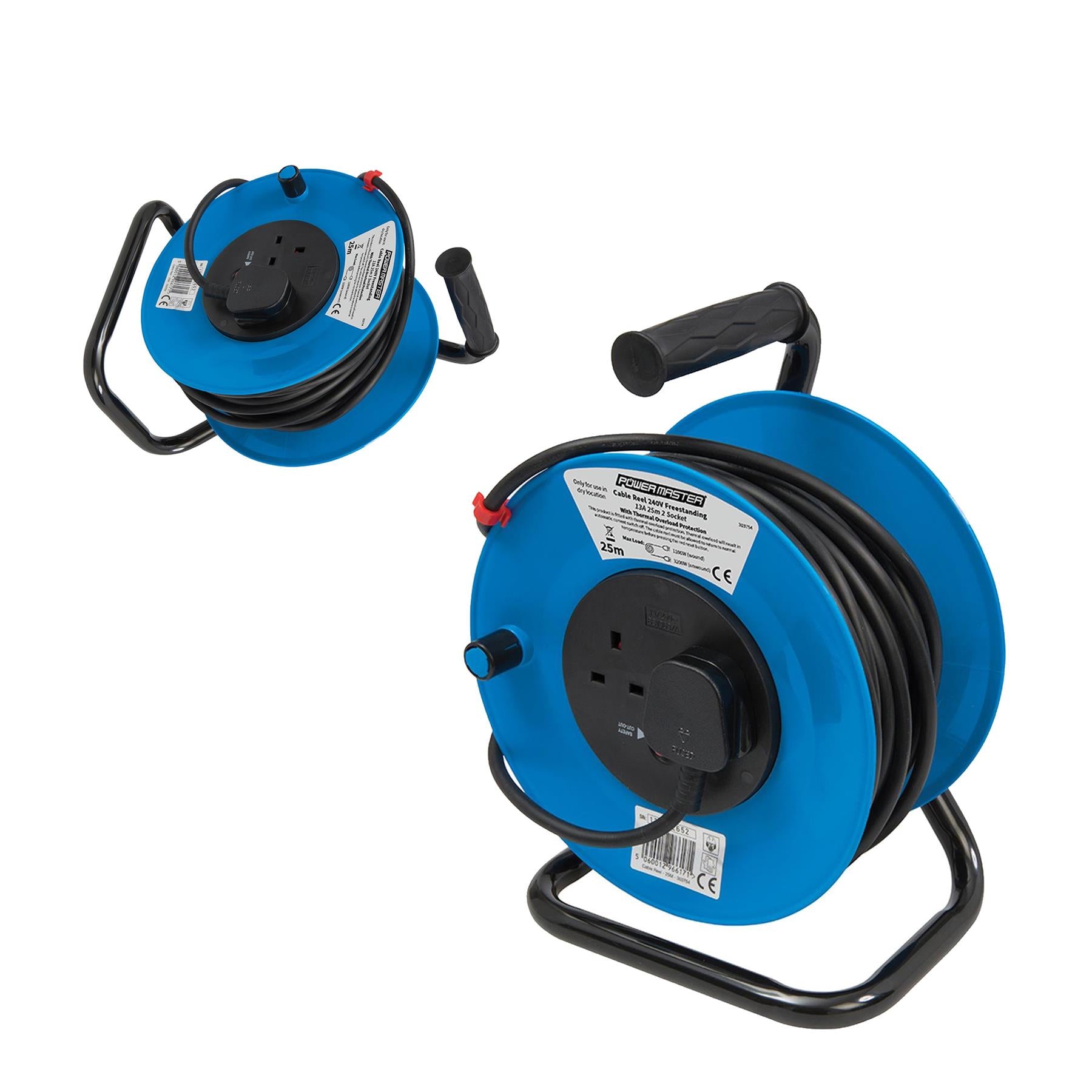 Cable Reel 240V Freestanding 13A 25M 2 Socket Maximum Load 13A Cable Rewind