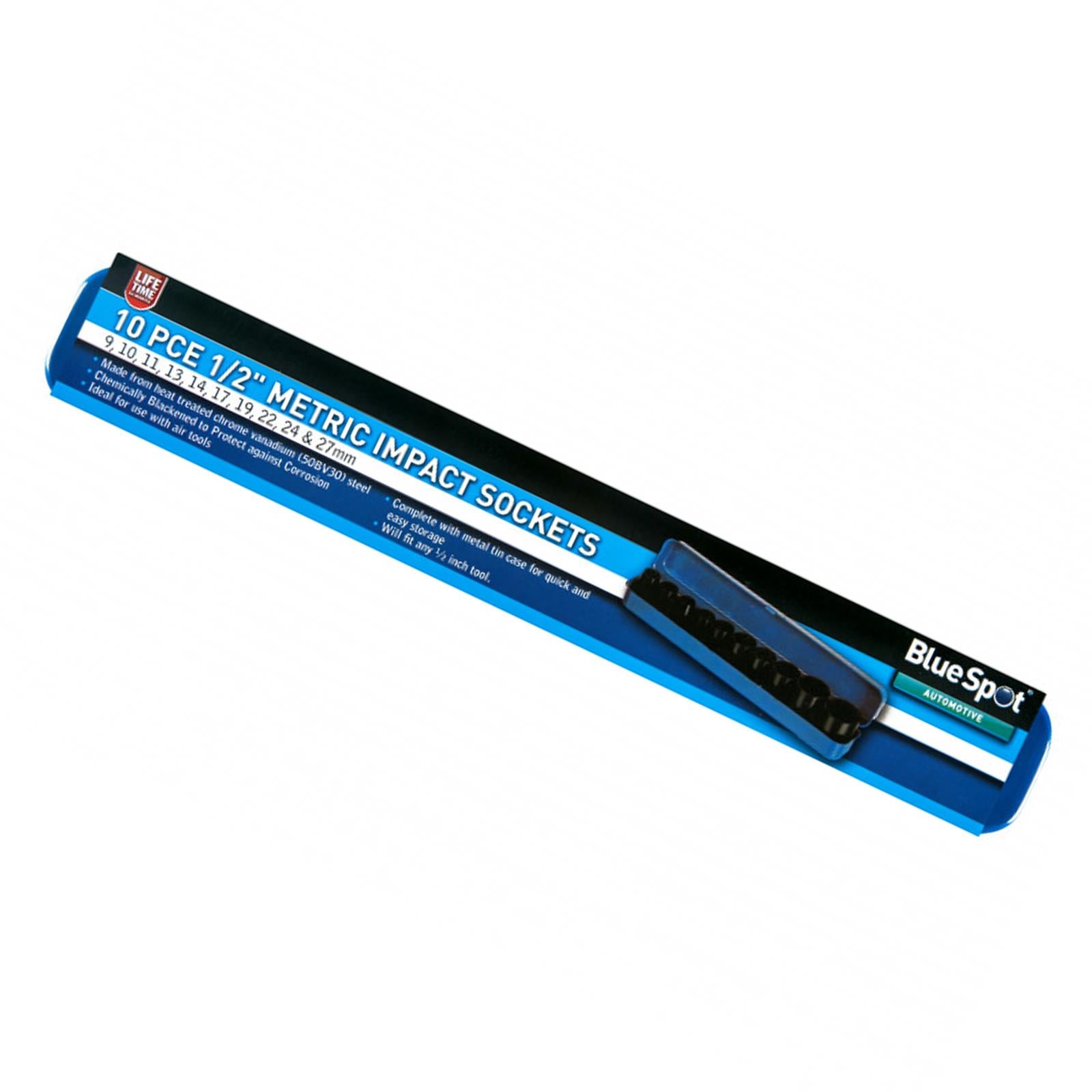 BlueSpot 10Pce 1/2" Metric Impact Sockets Socket Set (9-27mm) Heat Treated CRV