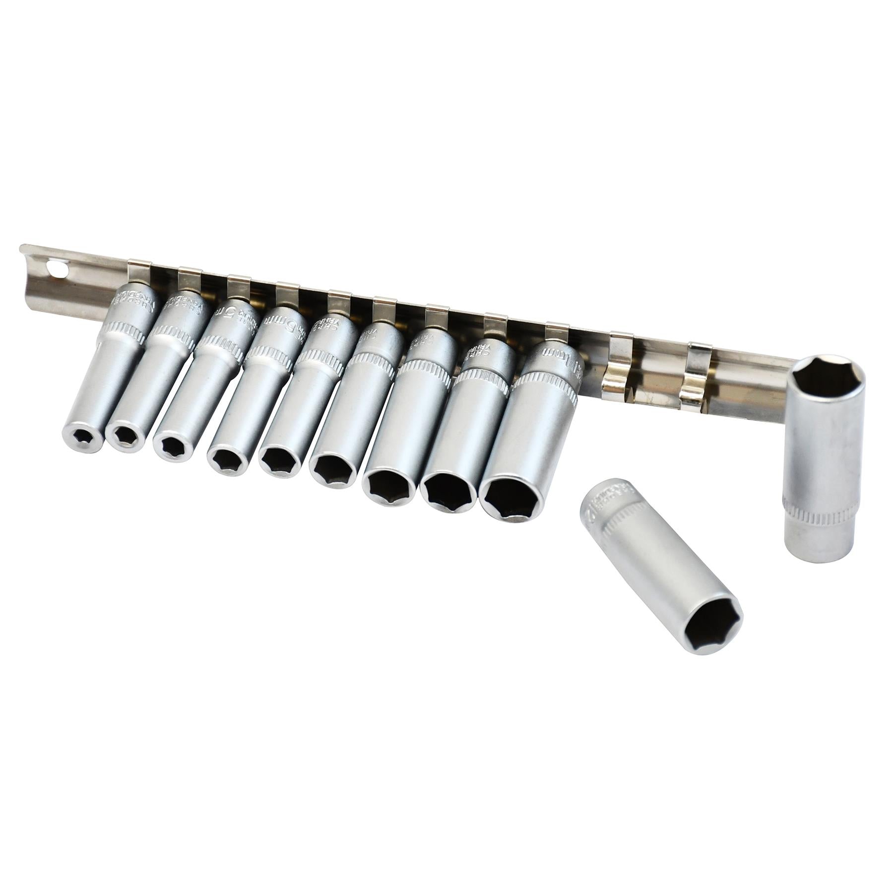 1/4" Socket Set Deep Drive 11Pc 4 - 13mm Deep Sockets On Rail Cr-V Long Reach