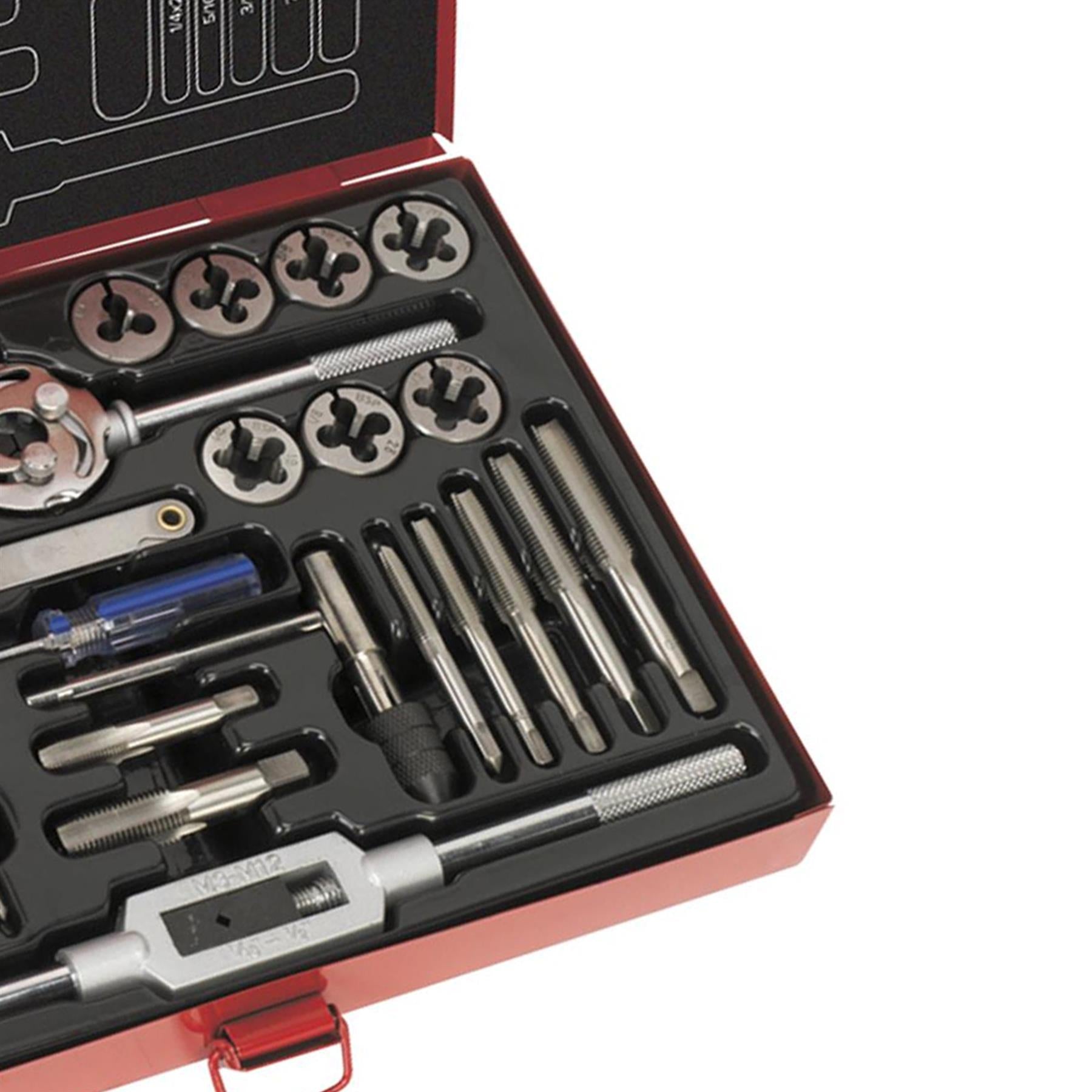 Sealey 33pc Tap and Die Set Split Dies Metric/UNF/BSP Thread Cutting Tool M3-M12