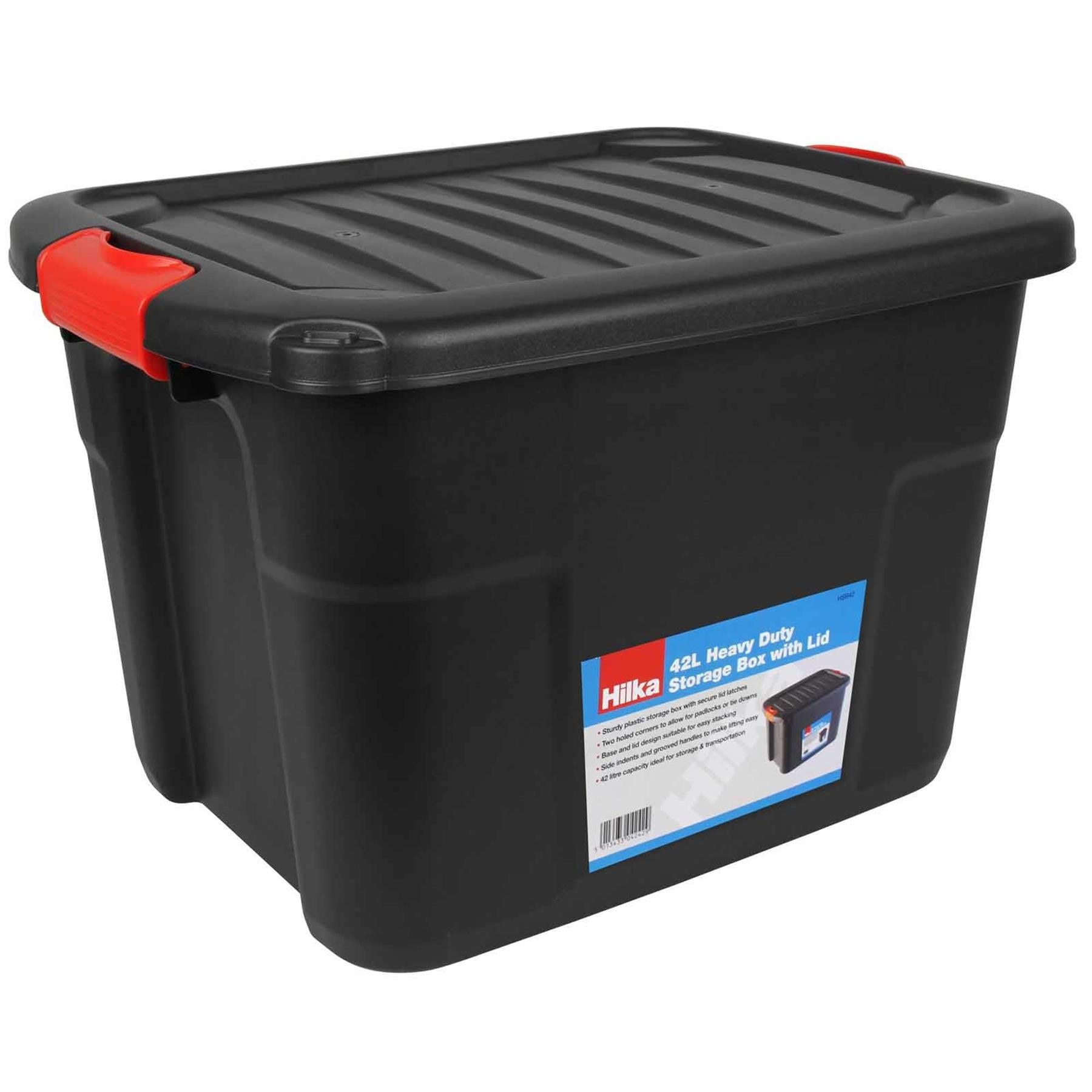 42L Heavy Duty Storage Box with Lid & Latches Plastic Holes Padlock Stackable