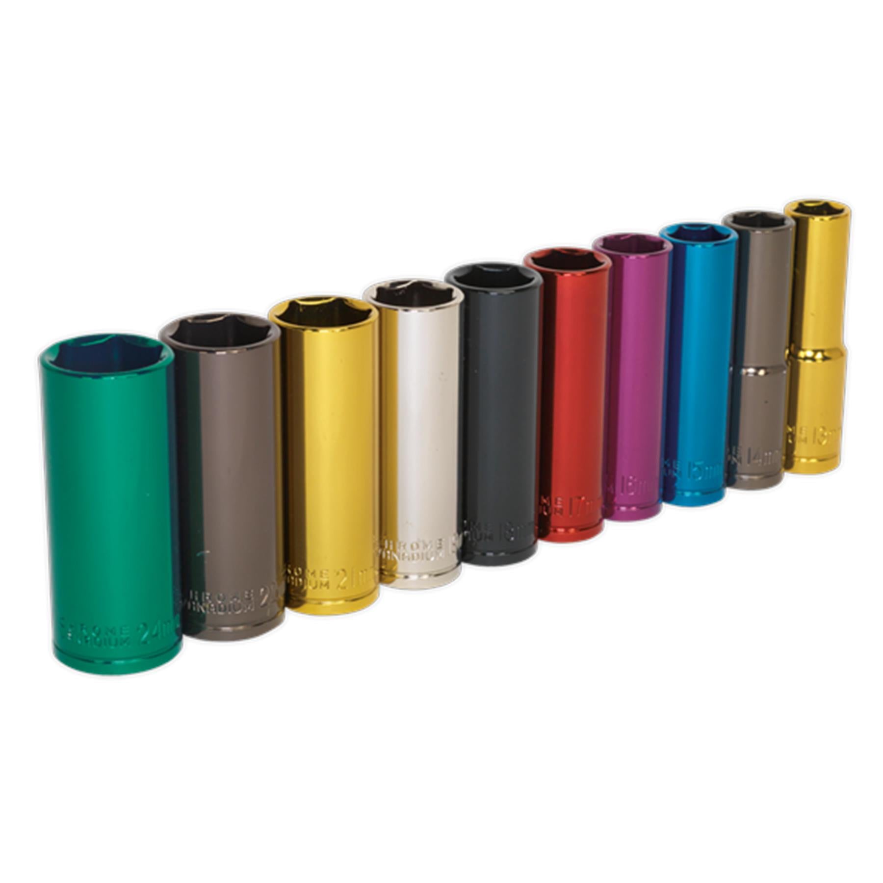 Sealey 10pc Multi Coloured Deep Socket Set 13-24mm 6pt Set 1/2" Sq Drive Metric