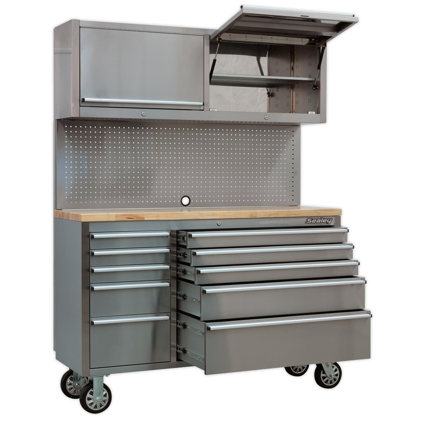 Sealey Mobile SS Tool Cabinet 10 Drawer + Backboard & 2 Cupboards