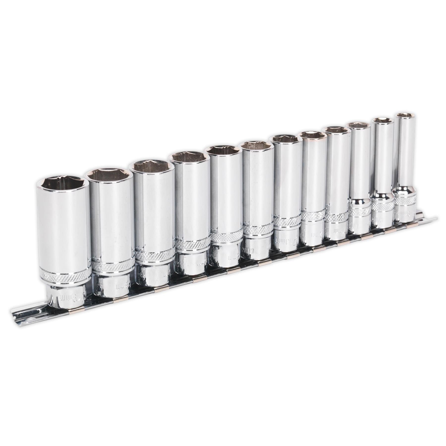 Sealey Deep Lock-On Socket Set 3/8"Sq Dr 12pc 8-19mm 6pt Metric Long Reach