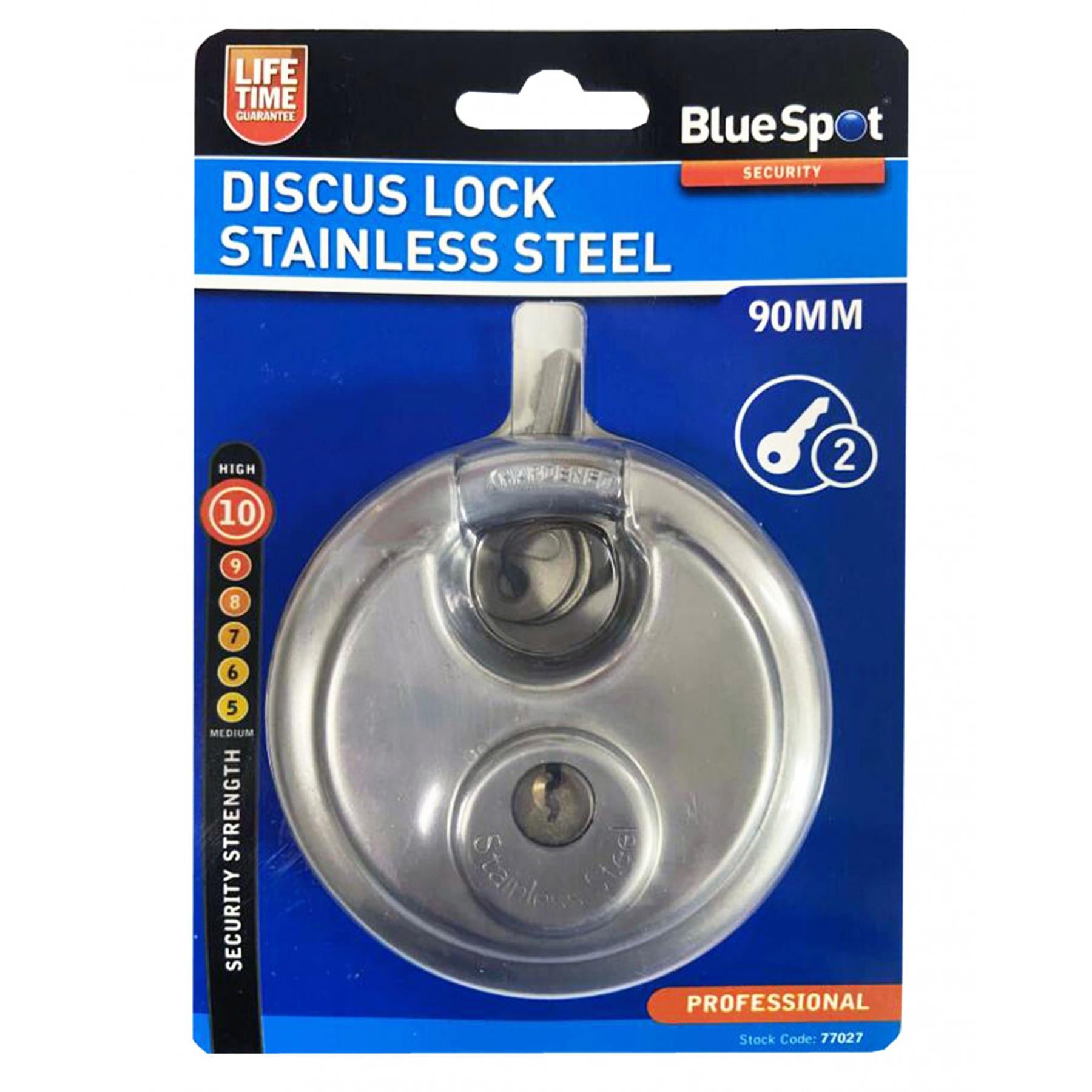 BlueSpot 90mm Disc Padlock Shackle Stainless Steel 2 Keys Waterproof