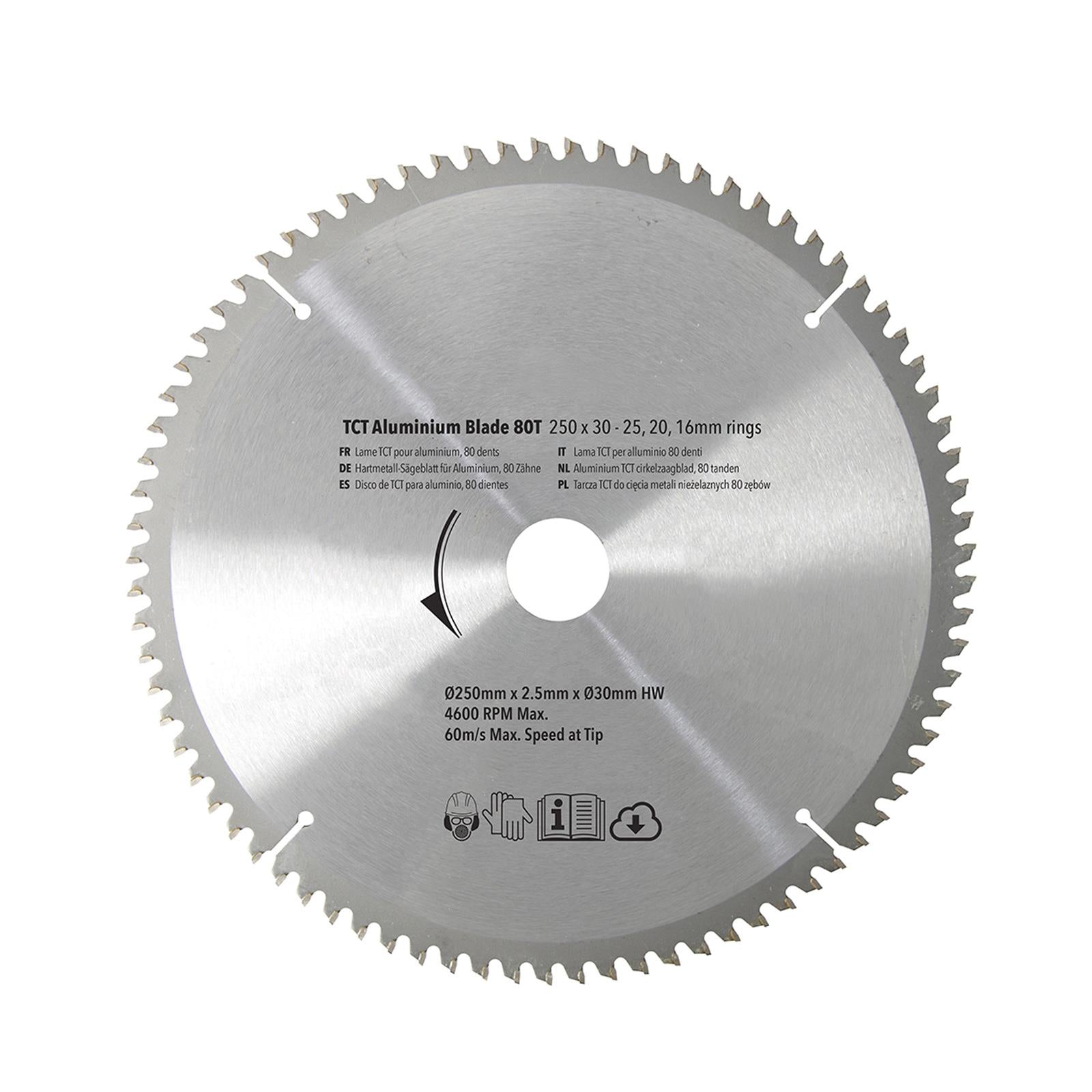 250mm 80T Aluminium Circular Saw Blade 30mm Bore 25mm 20mm 16mm Rings Mitre 10"