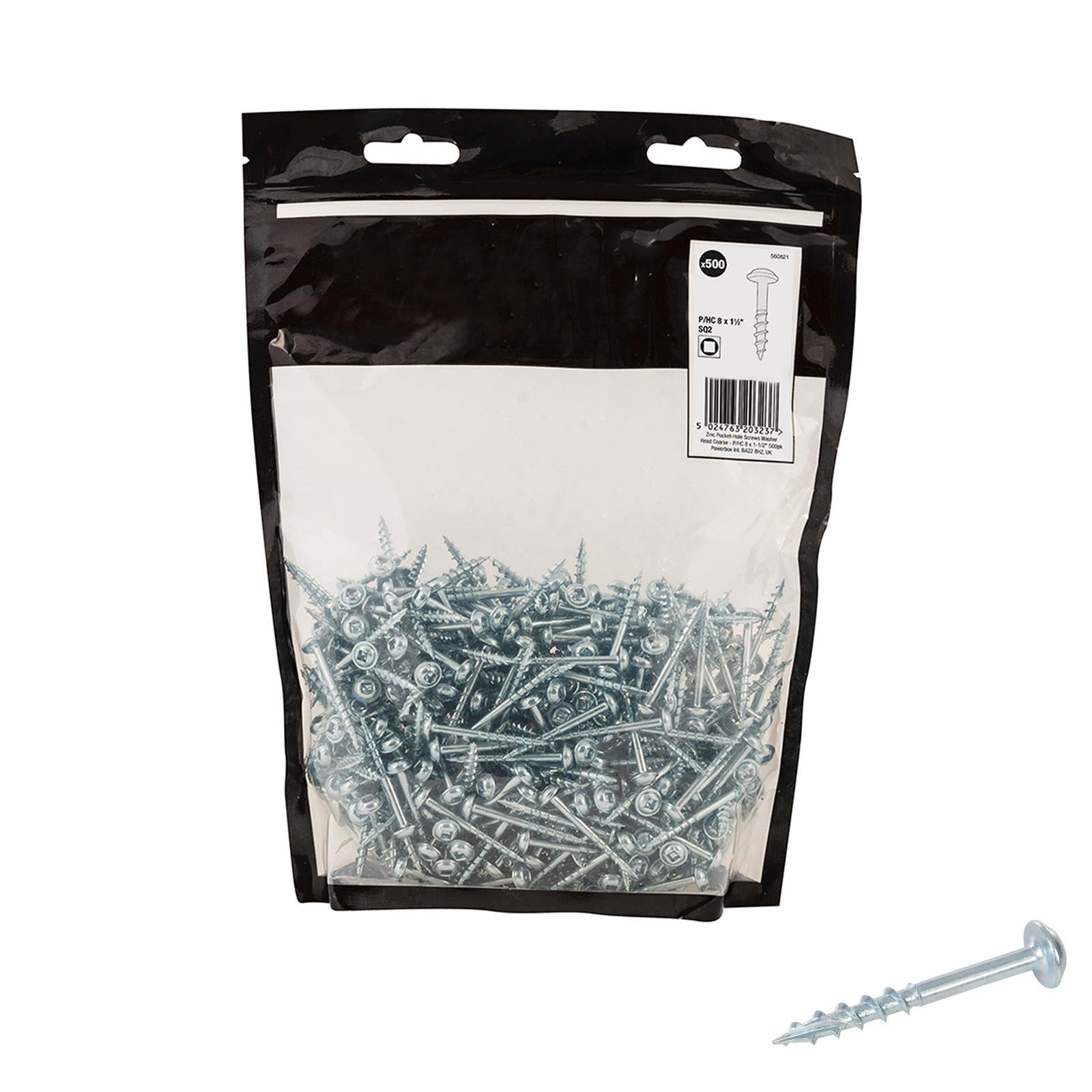 Zinc Pocket-Hole Screws Washer Head Coarse Thread Rust Resistant- 8x1-1/2" 500pk