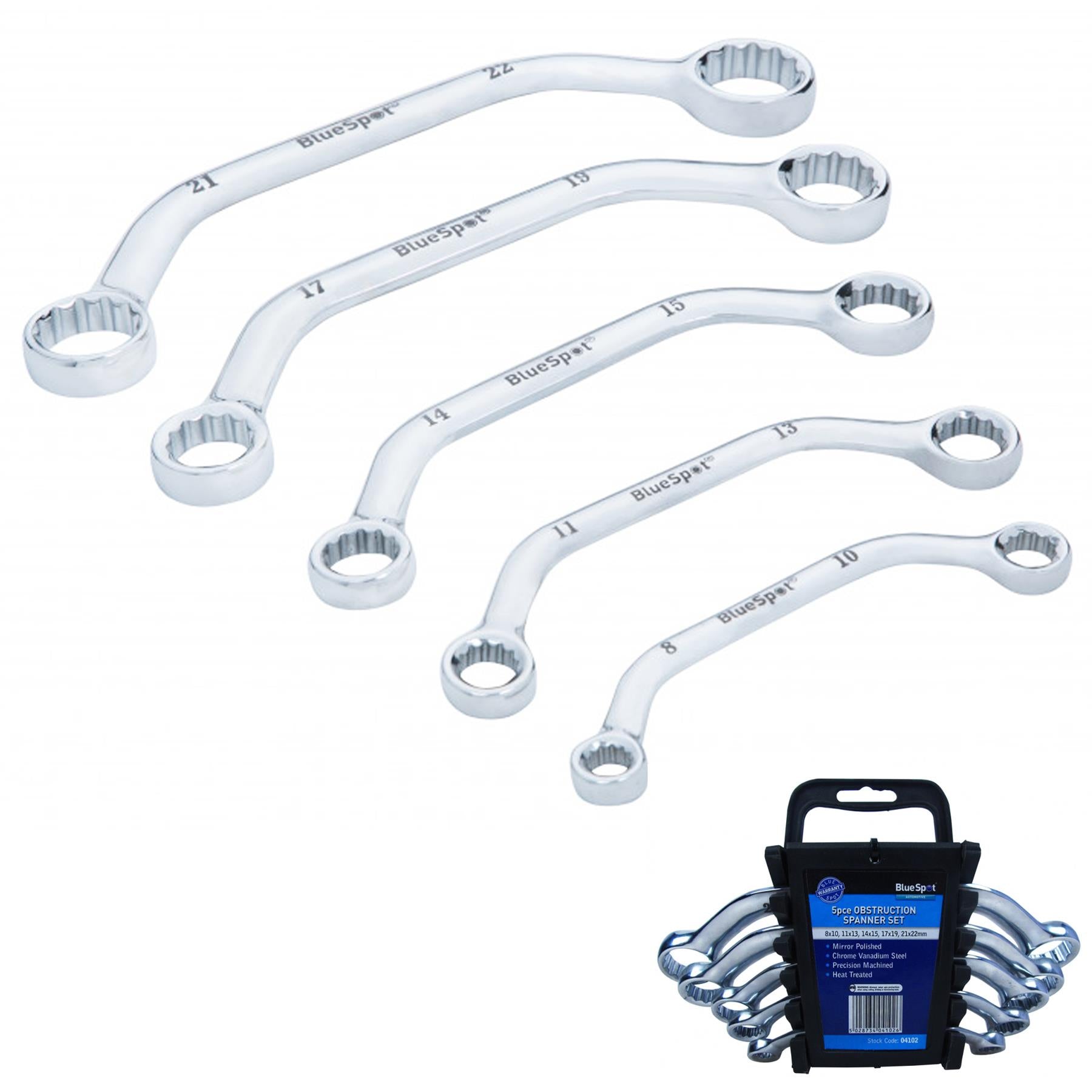 BlueSpot 5 Piece 8-22mm Obstruction Spanner Set Metric Curved Chrome Vanadium