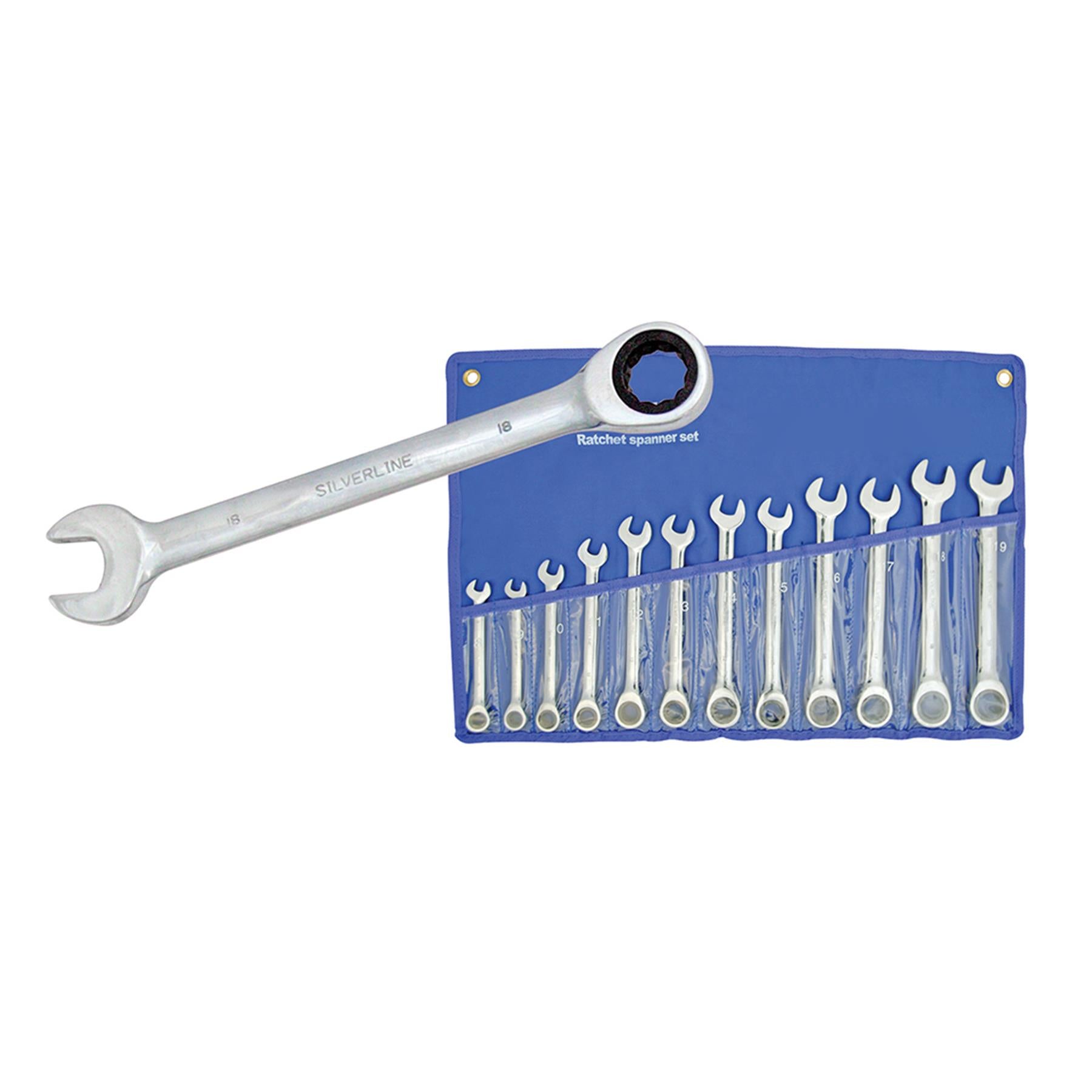 12Pce Fixed Head Ratchet Spanner Set 8mm - 19mm Tough Nylon Storage Roll