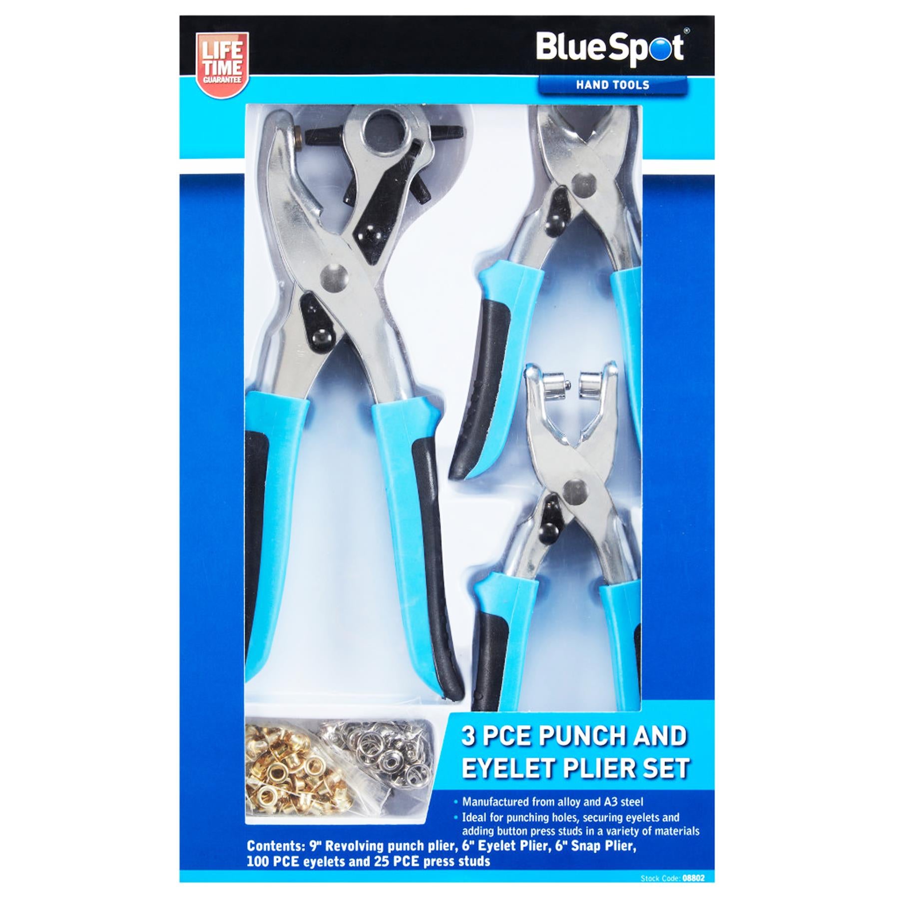 BlueSpot 3pc Revolving Leather Hole Punch And Eyelet Plier Set Puncher Belts Cut