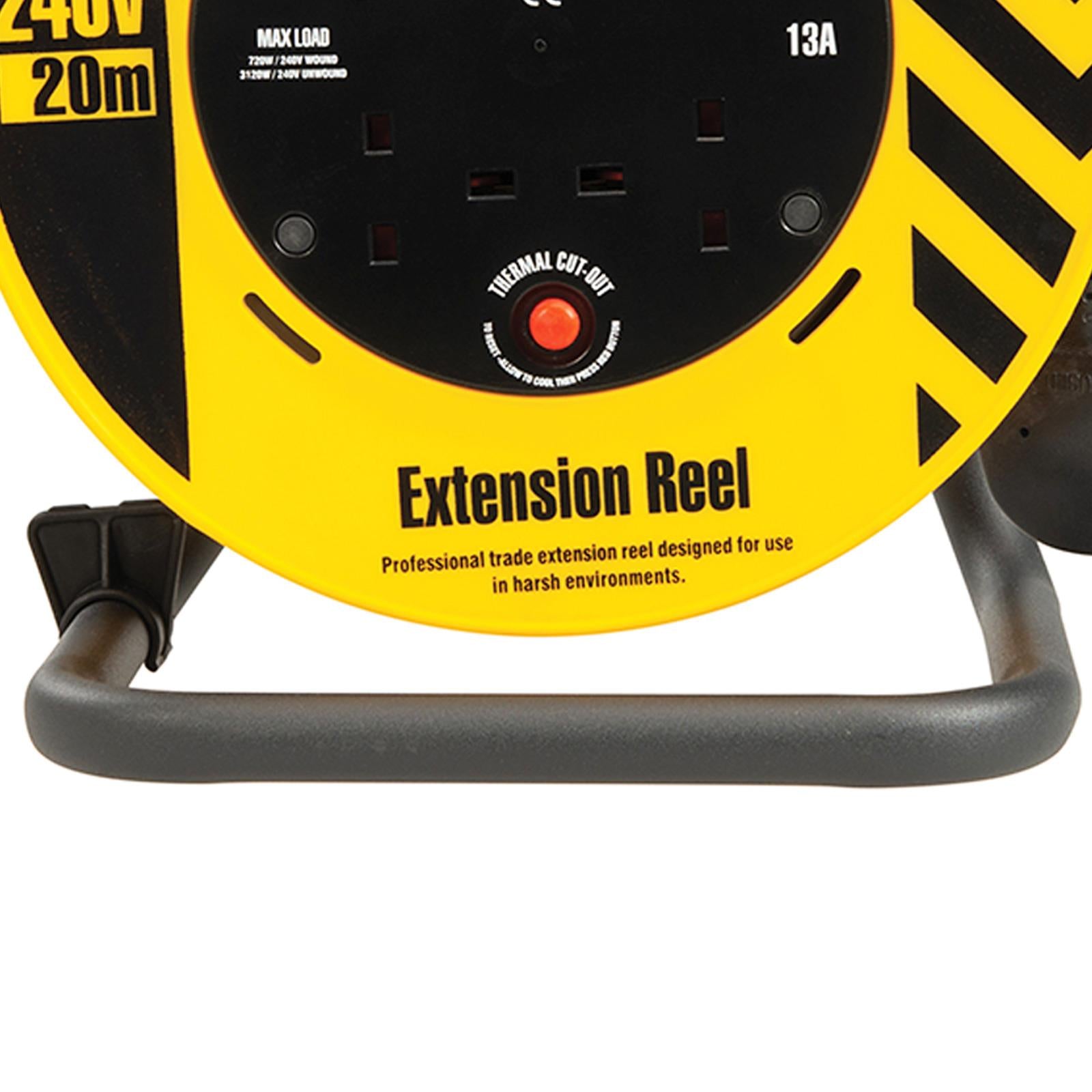 240V 13A Cable Reel 20m 4 Way Lightweight 3 Core Cable Strong Steel Secure Base