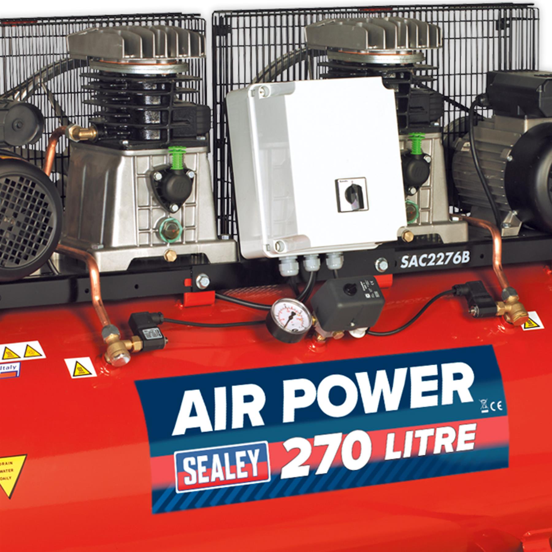 Sealey Compressor 270L Belt Drive 2 x 3hp with Cast Cylinders