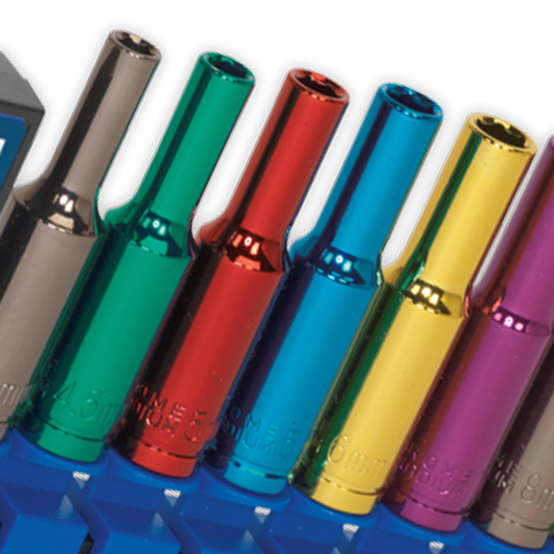 Sealey Multi-Colour Socket Set 12pc 1/4 Sq Dr 6pt Deep WallDrive MM