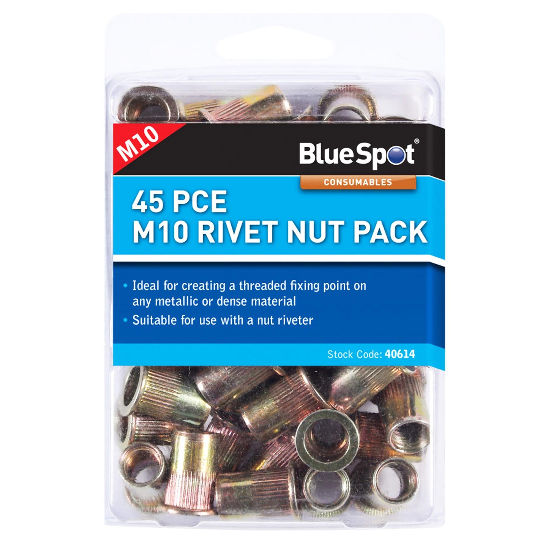 BlueSpot Rivet Nut Carbon Steel 45 PCE M10 Rivnut Threaded Insert Pack