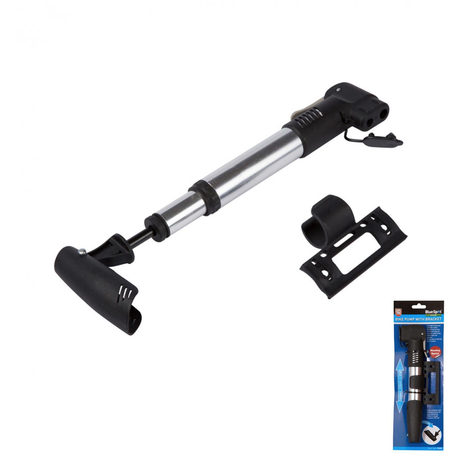 Bike Pump With Bracket Aluminium Alloy Body Fits Most Common Tyres BlueSpot