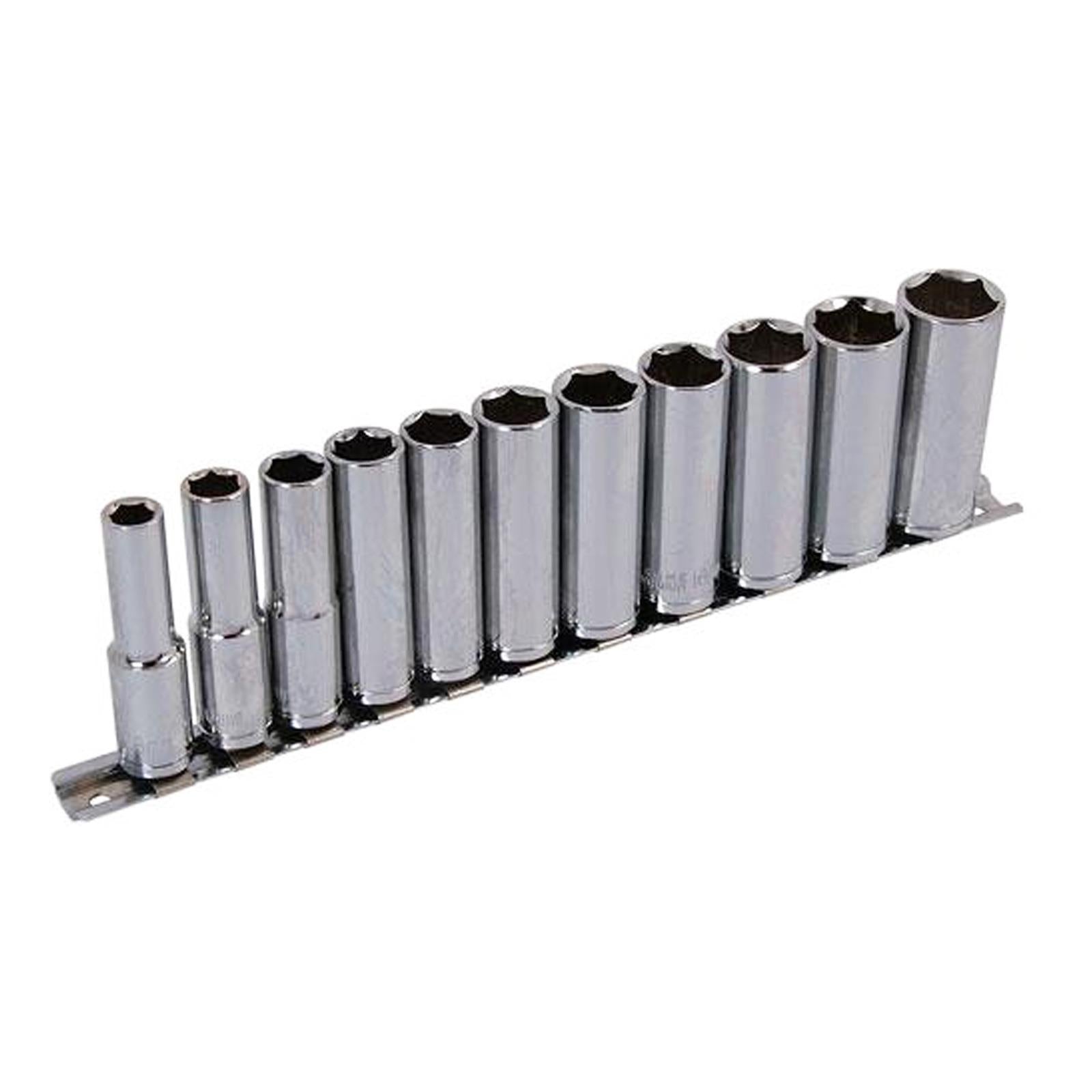 Heavy Duty Deep Socket Set with Long Reach Sockets on Rail - 3/8" Drive - Sizes 8-19mm
