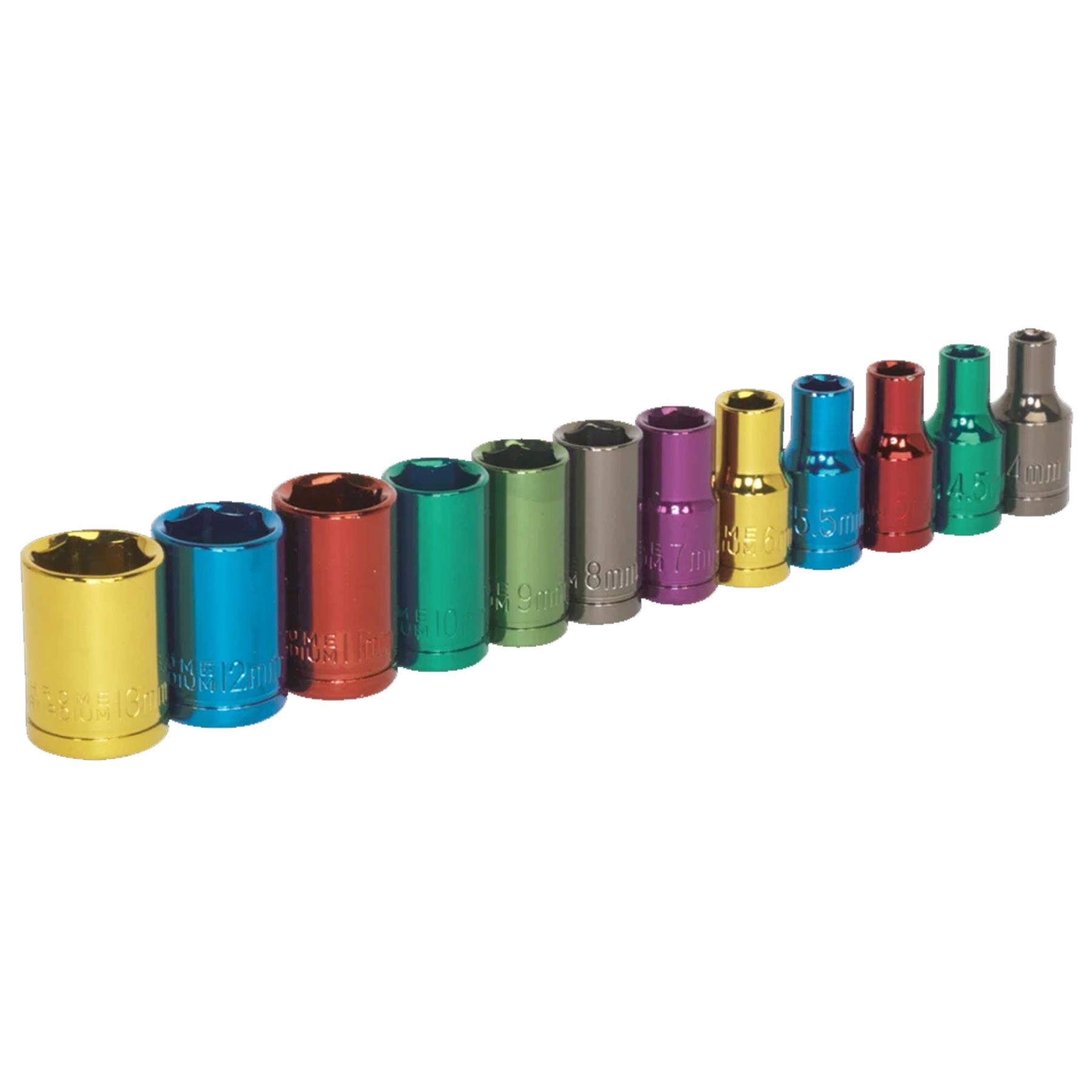 Sealey Multi-Colour Socket Set 12pc 1/4"Sq Dr 6pt WallDrive Metric