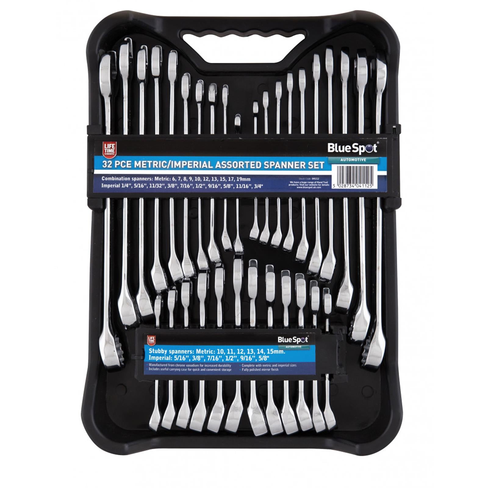 BlueSpot 32pc Assorted Spanner Set Imperial Metric Stubby Wrench 6-19mm Fully Polished