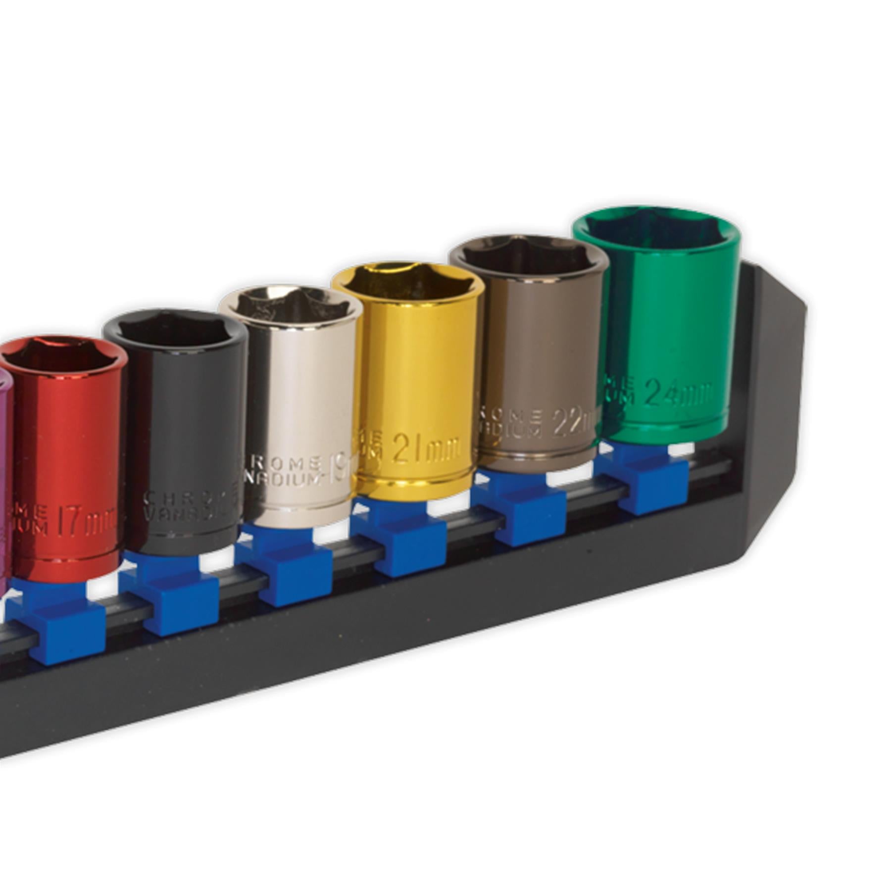 Sealey 10pc Multi Coloured Socket Set 13mm - 24mm 6pt Set 1/2" Sq Drive Metric
