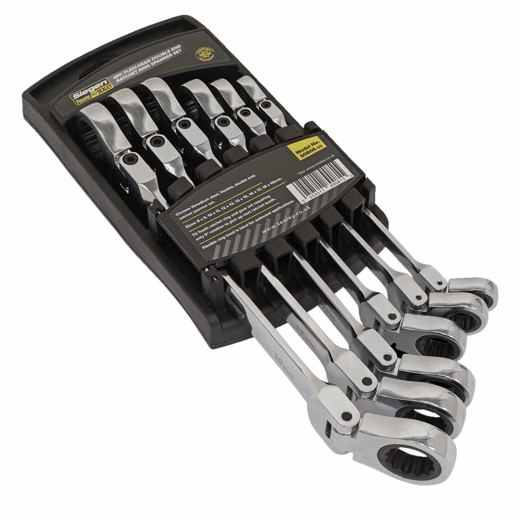 Sealey Flexi-Head Double End Ratchet Ring Spanner Set 6pc Metric
