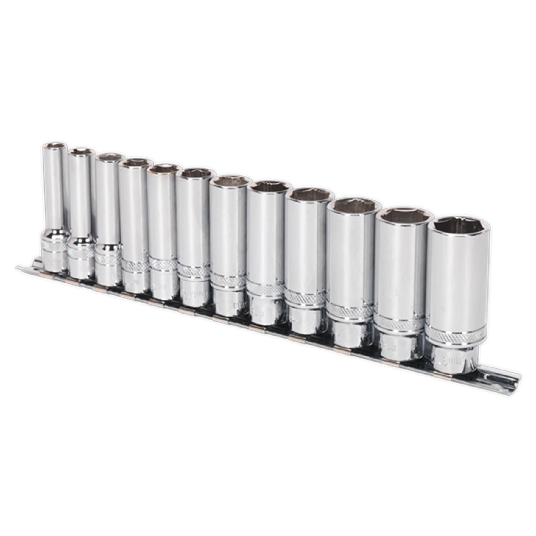 Sealey Deep Lock-On Socket Set 3/8"Sq Dr 12pc 8-19mm 6pt Metric Long Reach