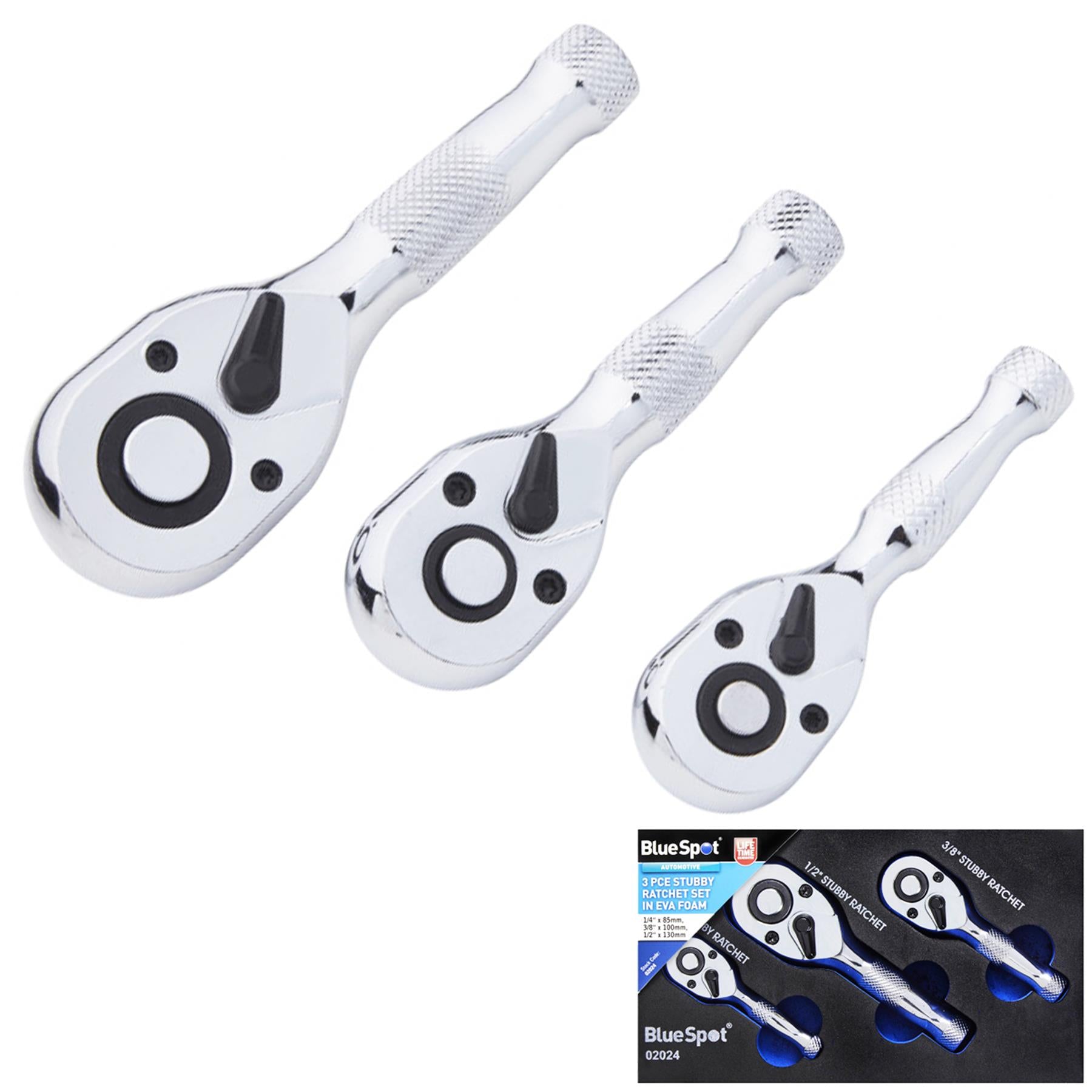 BlueSpot 3pc Stubby Ratchet Handle Set 1/4" 3/8" 1/2" Short Socket Wrenches