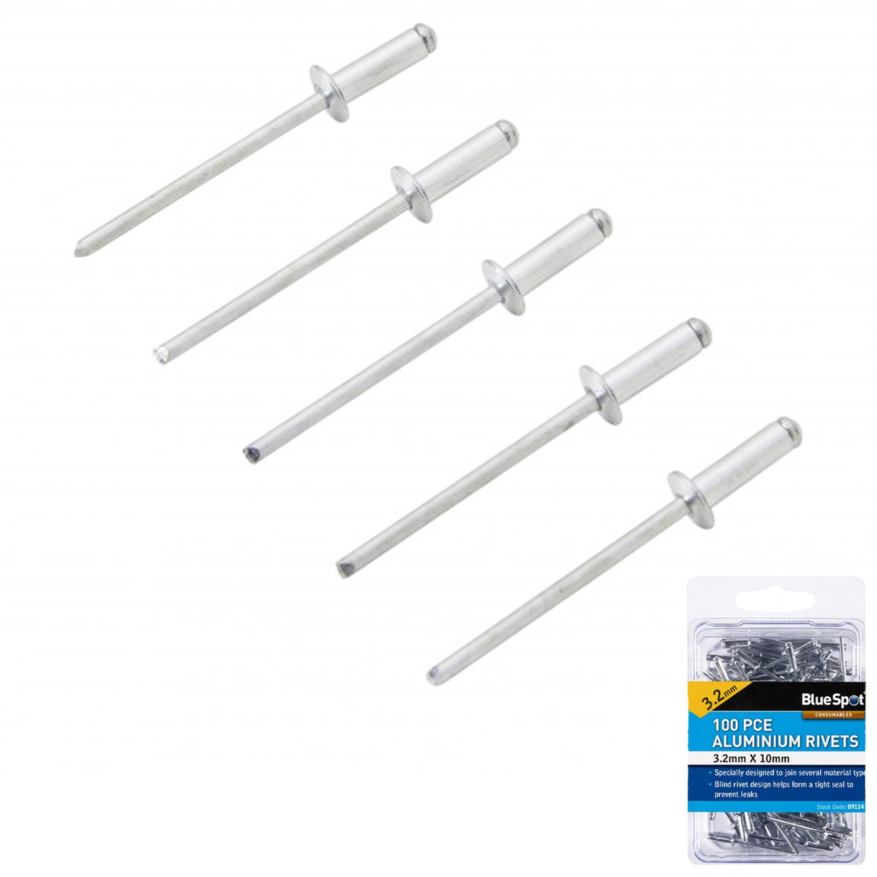 BlueSpot Rivet Guns 100Pce 3.2mm X 10mm & Aluminium Pop Rivits Trade
