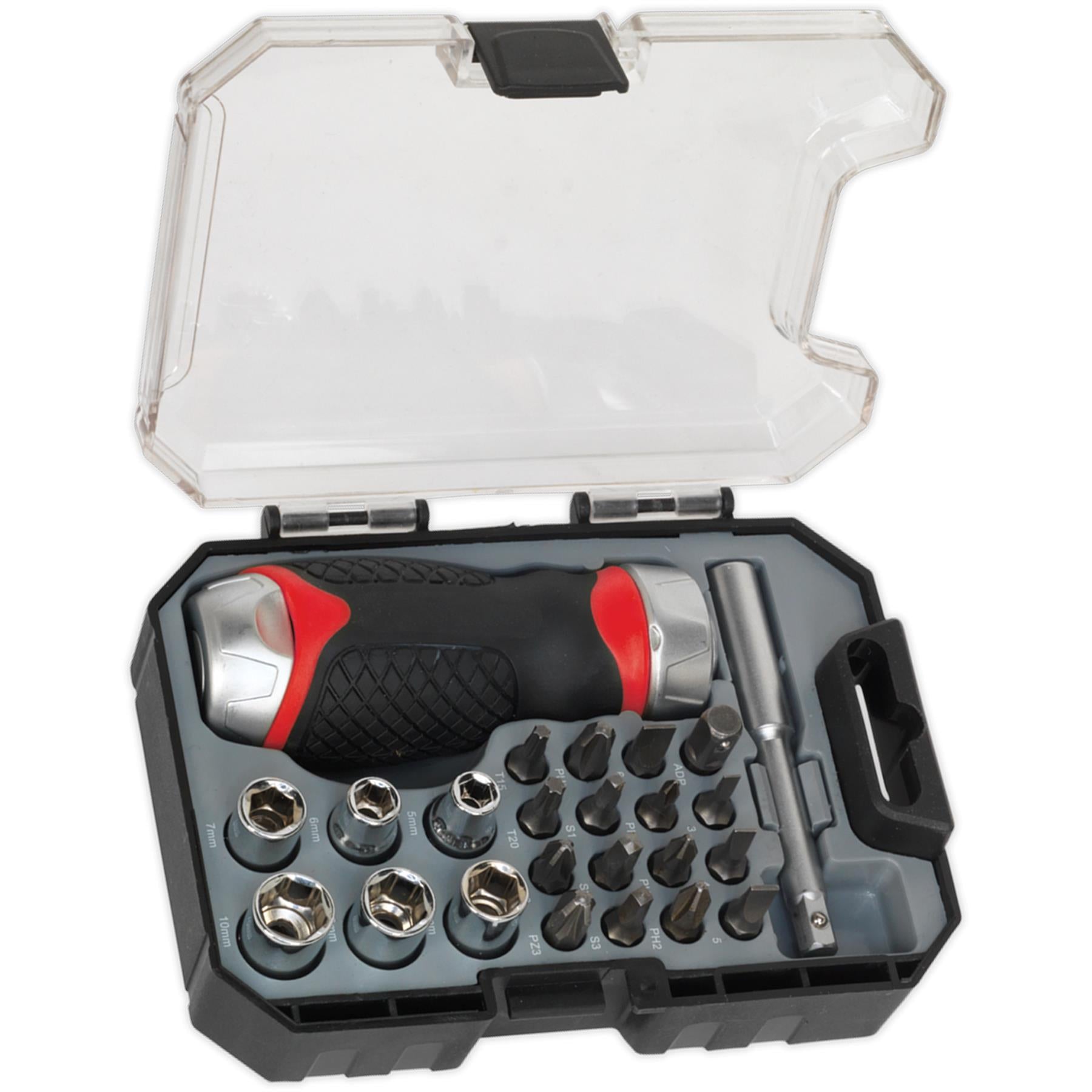 Sealey Fine Tooth Ratchet Screwdriver Socket & Bit Set 24pc Stubby