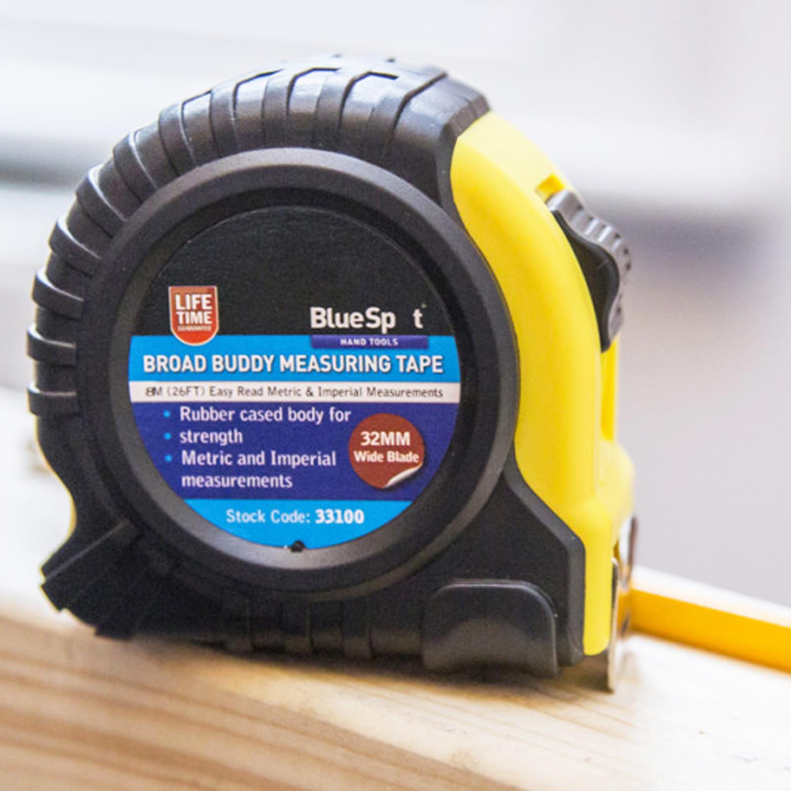 BlueSpot 8m 26Ft Extra Wide Blade Tape Measure Rubber Grip Metric & Imperial