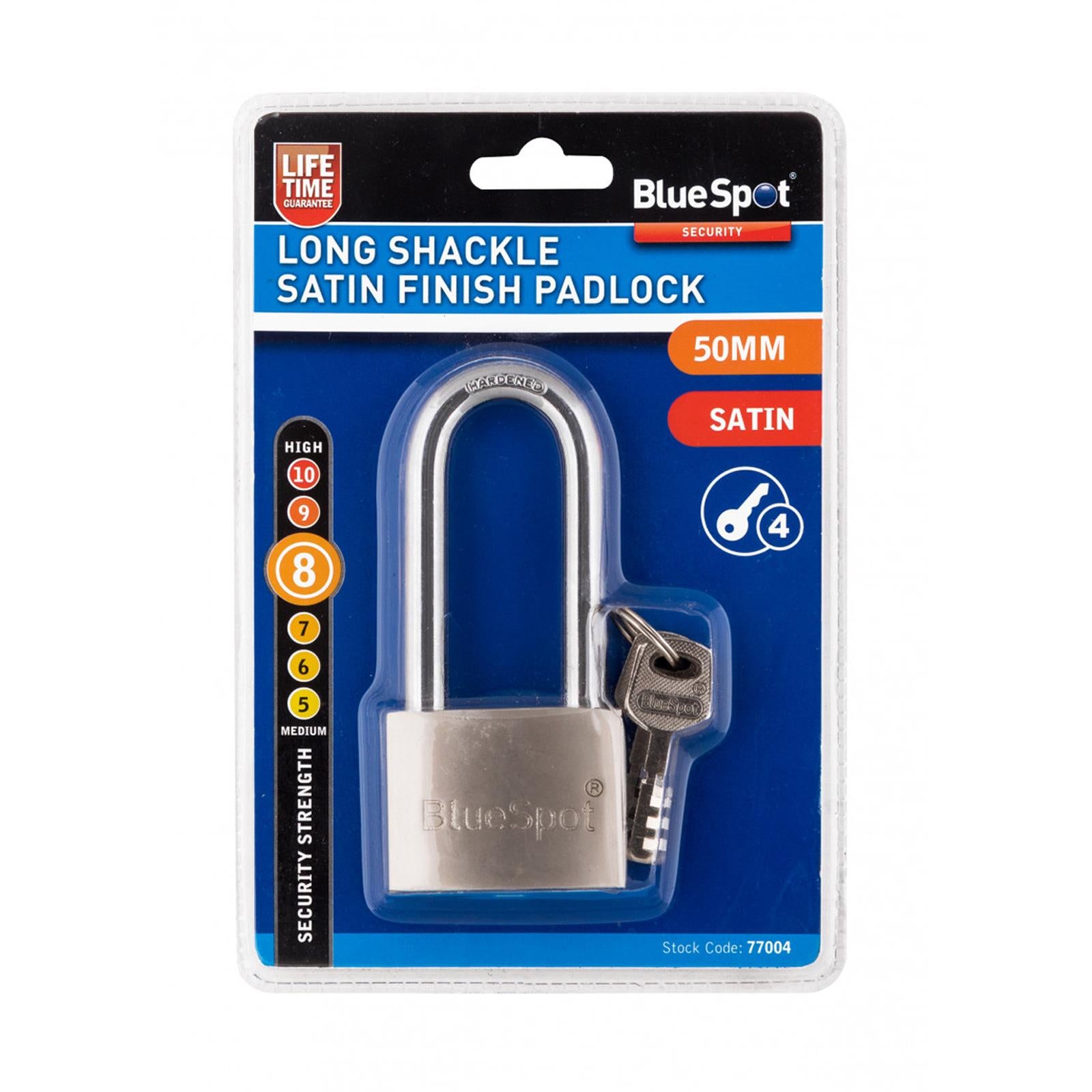 BlueSpot Extra Long Shackle Padlock 50mm Hardened Steel & Solid Brass Cylinder