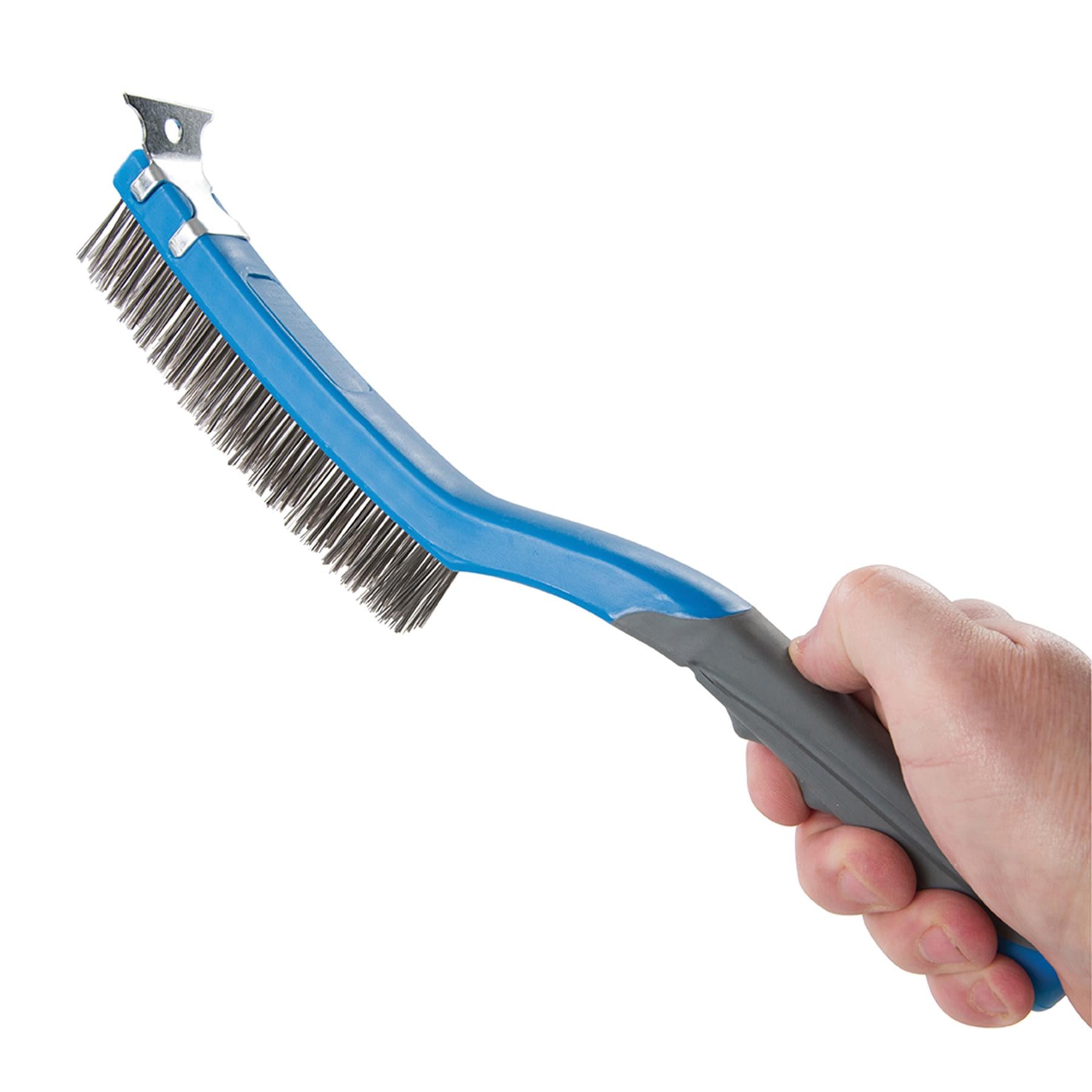 Stainless Steel Wire Brush With Scraper - 3 Row Soft-Grip Rubber Grip Handle