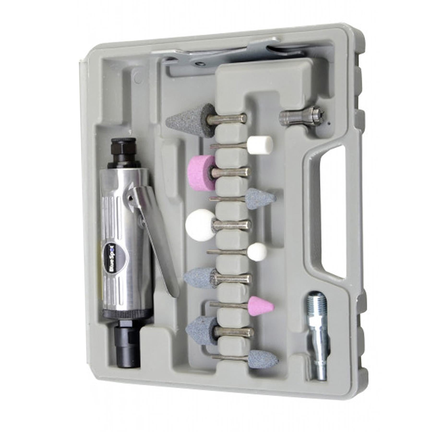 BlueSpot 15Pc 1/4" Straight Mini Air Die Grinder Tool Kit + Grinding Polishing Stones Set
