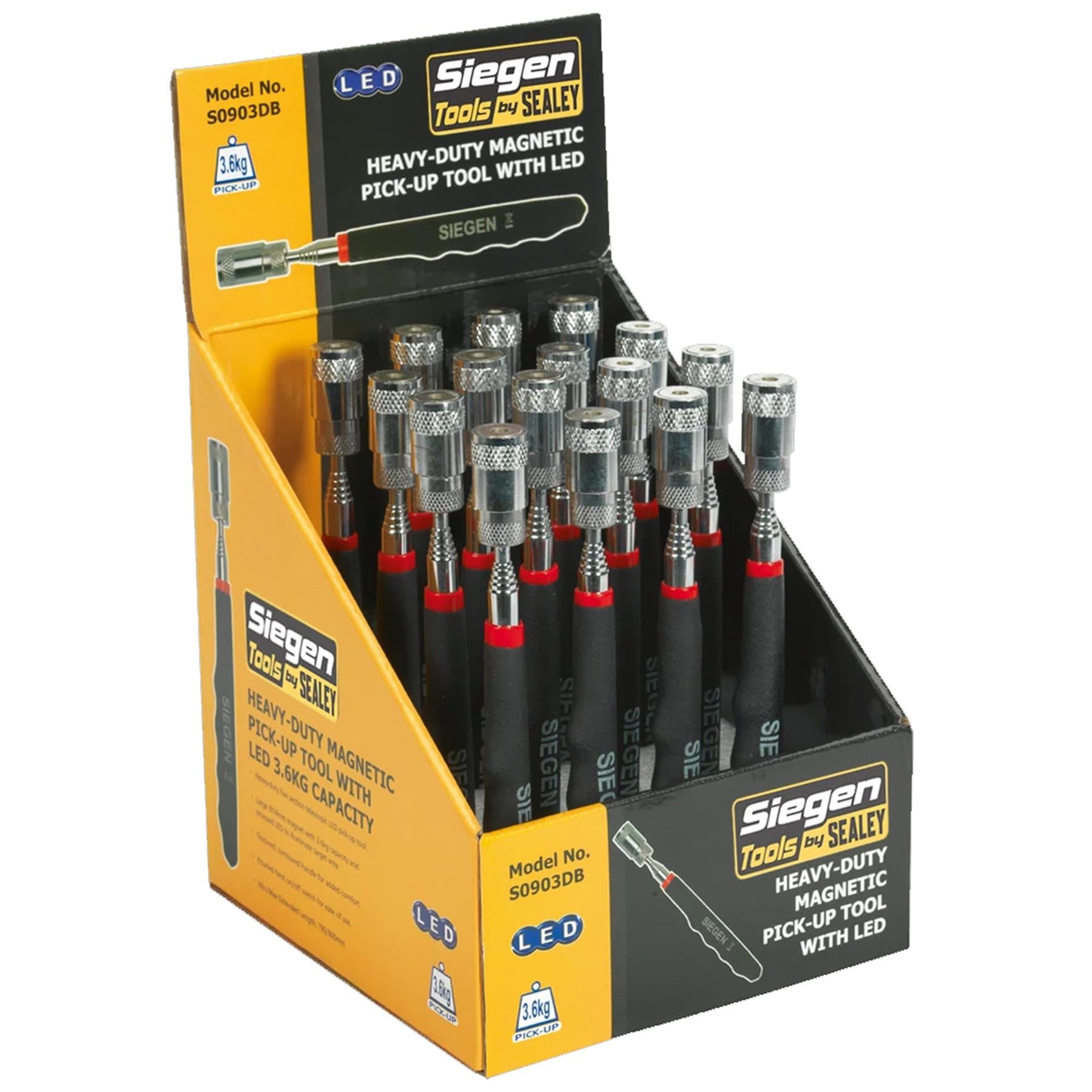 Sealey HD Mag Pick-Up Tool with LED 3.6kg Cap Display Box of 16