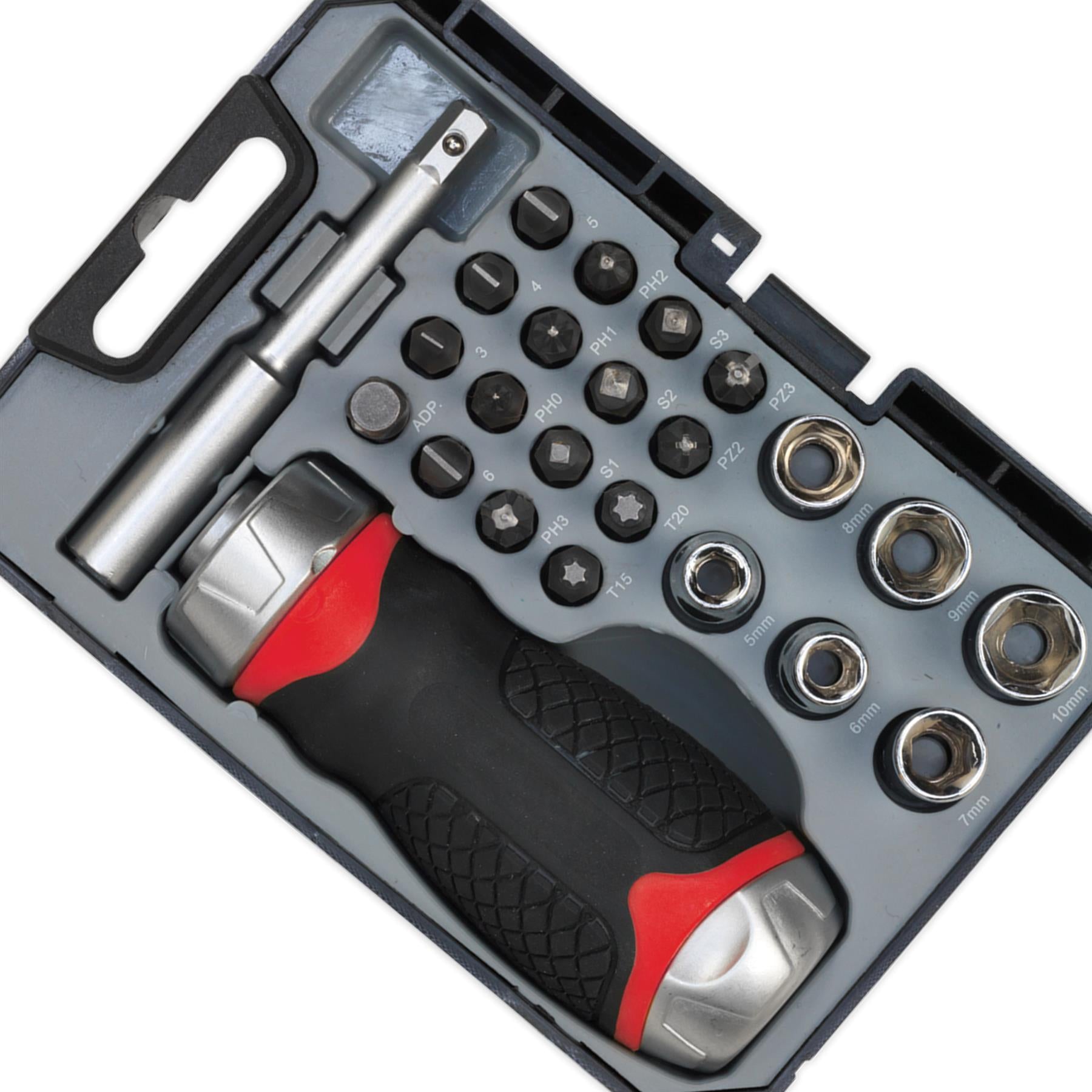 Sealey Fine Tooth Ratchet Screwdriver Socket & Bit Set 24pc Stubby