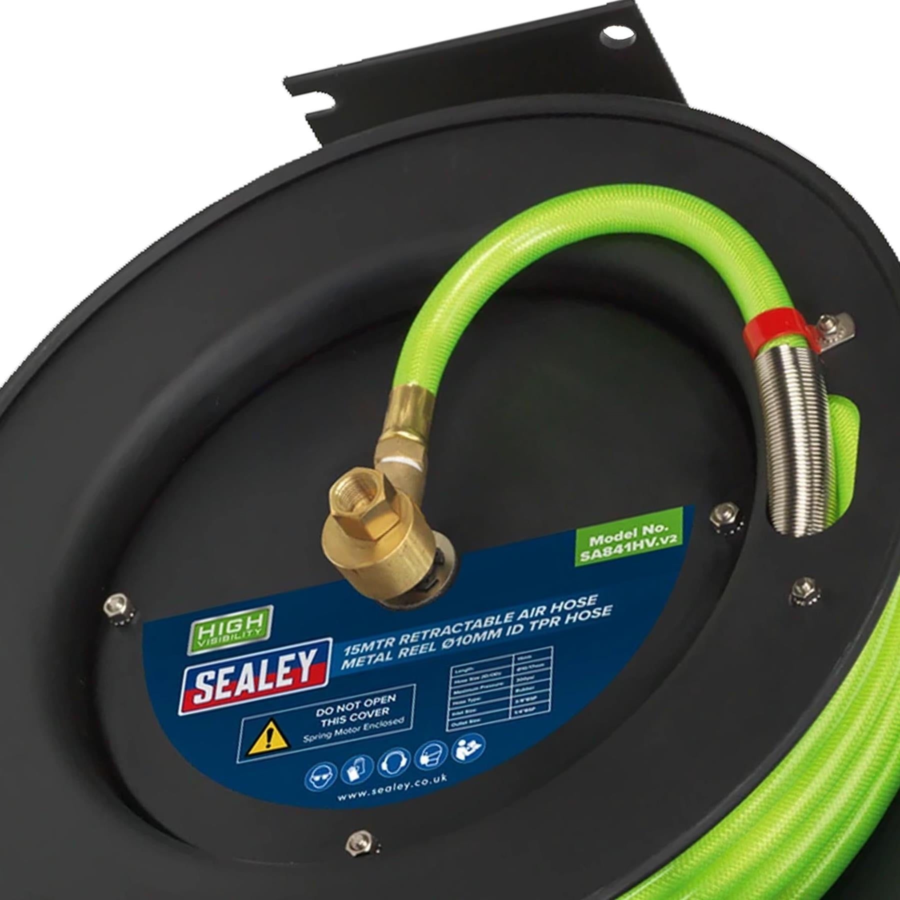 Sealey Retractable Air Hose Metal Reel 15m x 10mm ID Hi-Vis TPR