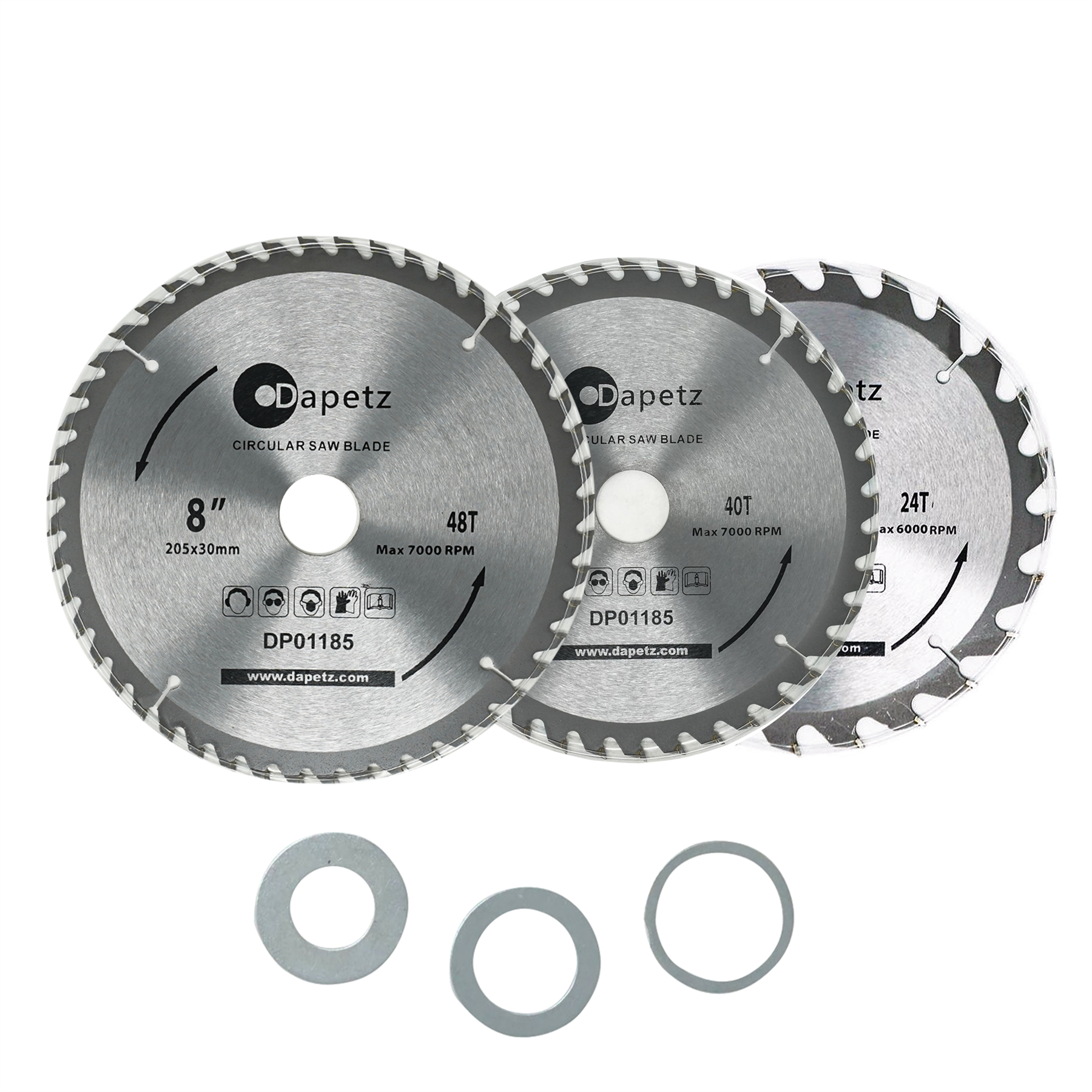 3 X 205mm (8") TCT Circular Saw Blades 30mm Bore 25 20 & 16 mm Reduction Rings