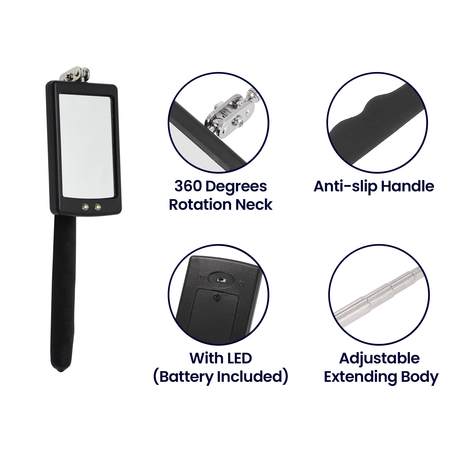 Telescopic Light Inspection Mirror With 2 Bright LED Grip Extends 29-87cm