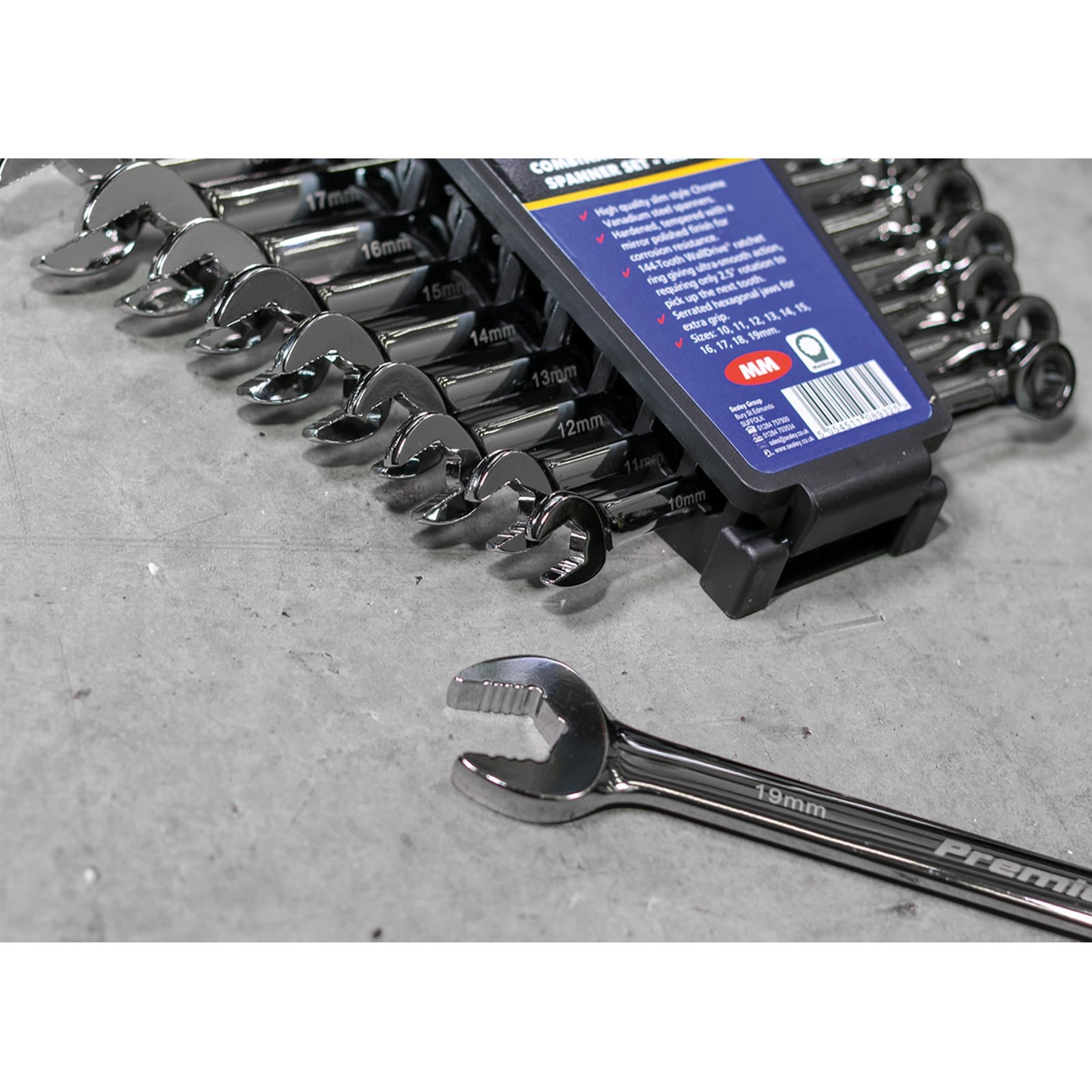 Sealey Combination Ratchet Spanner Set 10pc Extra-Long Metric