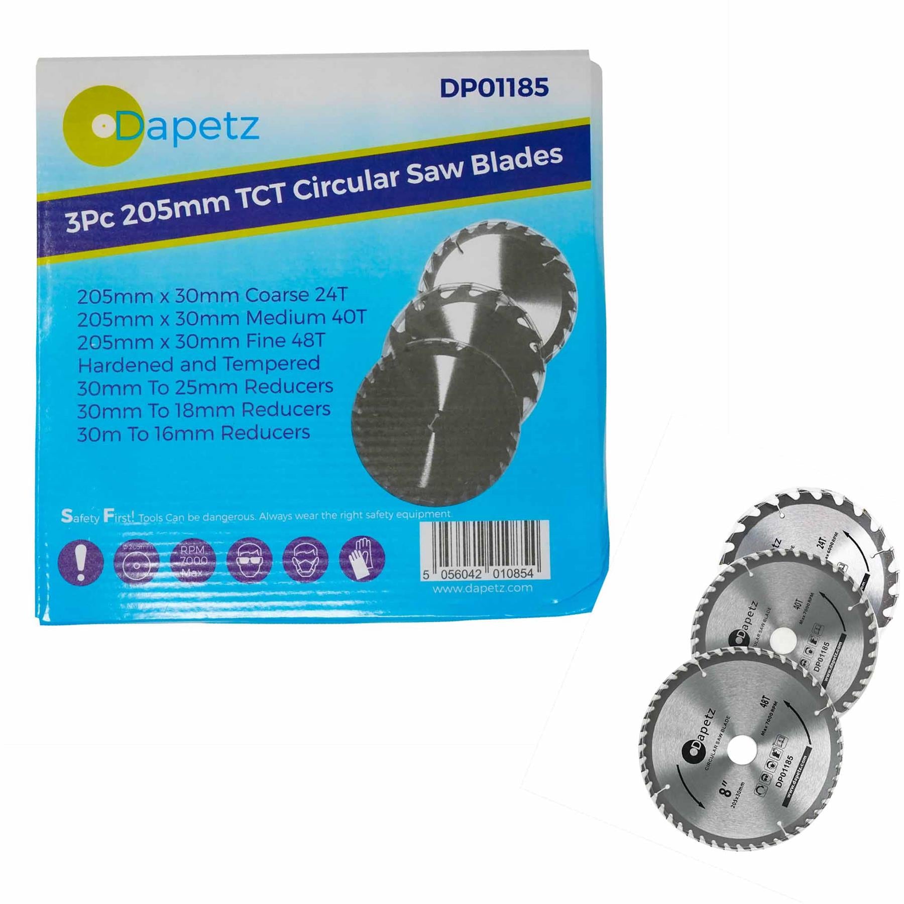 3 X 205mm (8") TCT Circular Saw Blades 30mm Bore 25 20 & 16 mm Reduction Rings