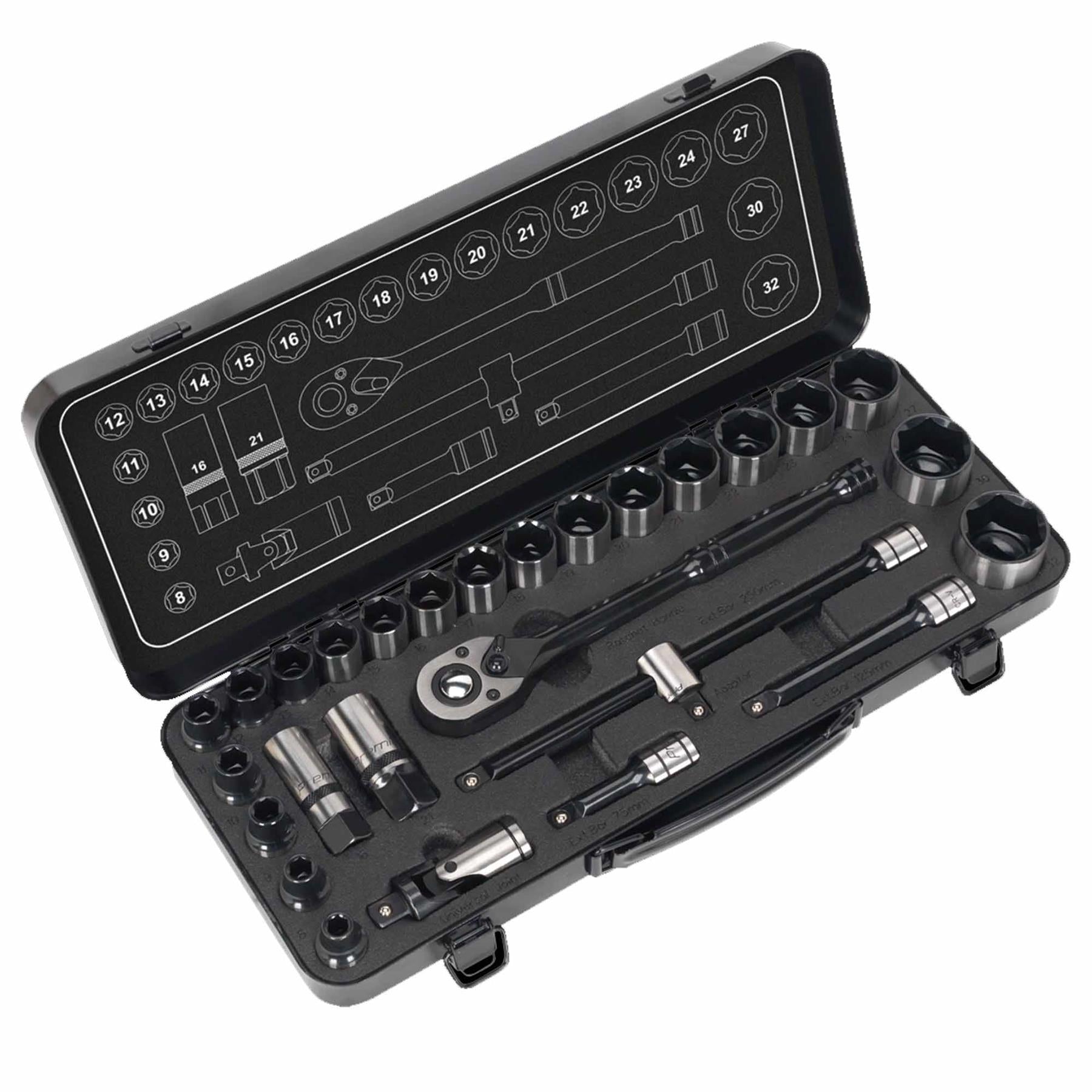 Sealey Socket Set 28pc 1/2"Sq Dr 6pt WallDrive Metric Black Series