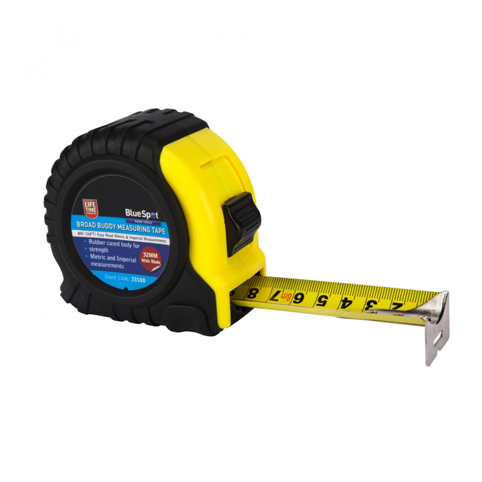 BlueSpot 8m 26Ft Extra Wide Blade Tape Measure Rubber Grip Metric & Imperial