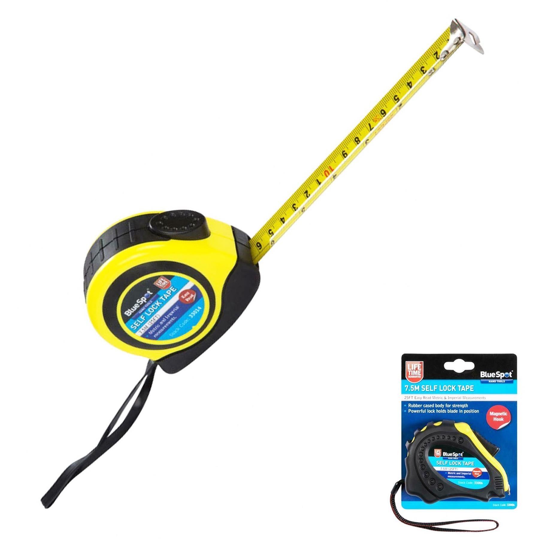 BlueSpot Tape Measure Magnetic Tip Auto Lock Imperial Metric Scale 7.5m (25FT)