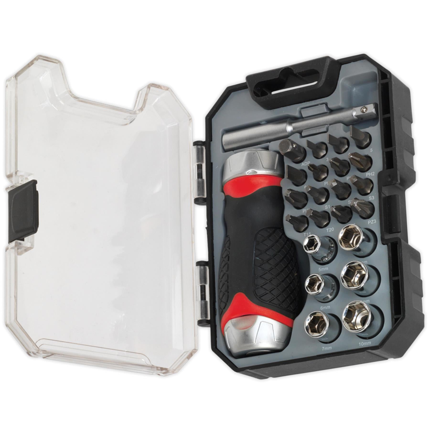 Sealey Fine Tooth Ratchet Screwdriver Socket & Bit Set 24pc Stubby