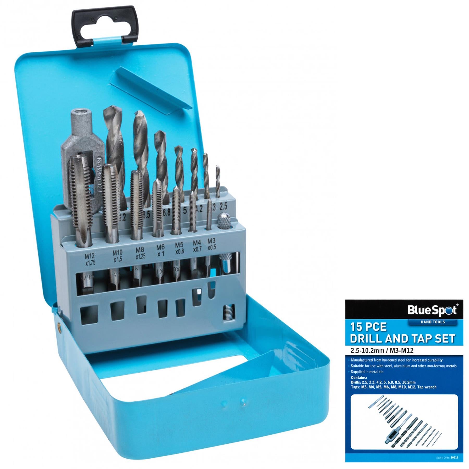 BlueSpot 15Pc Tap and Drill Bit Set Metric M3 - M12 Drills Thread Cutter