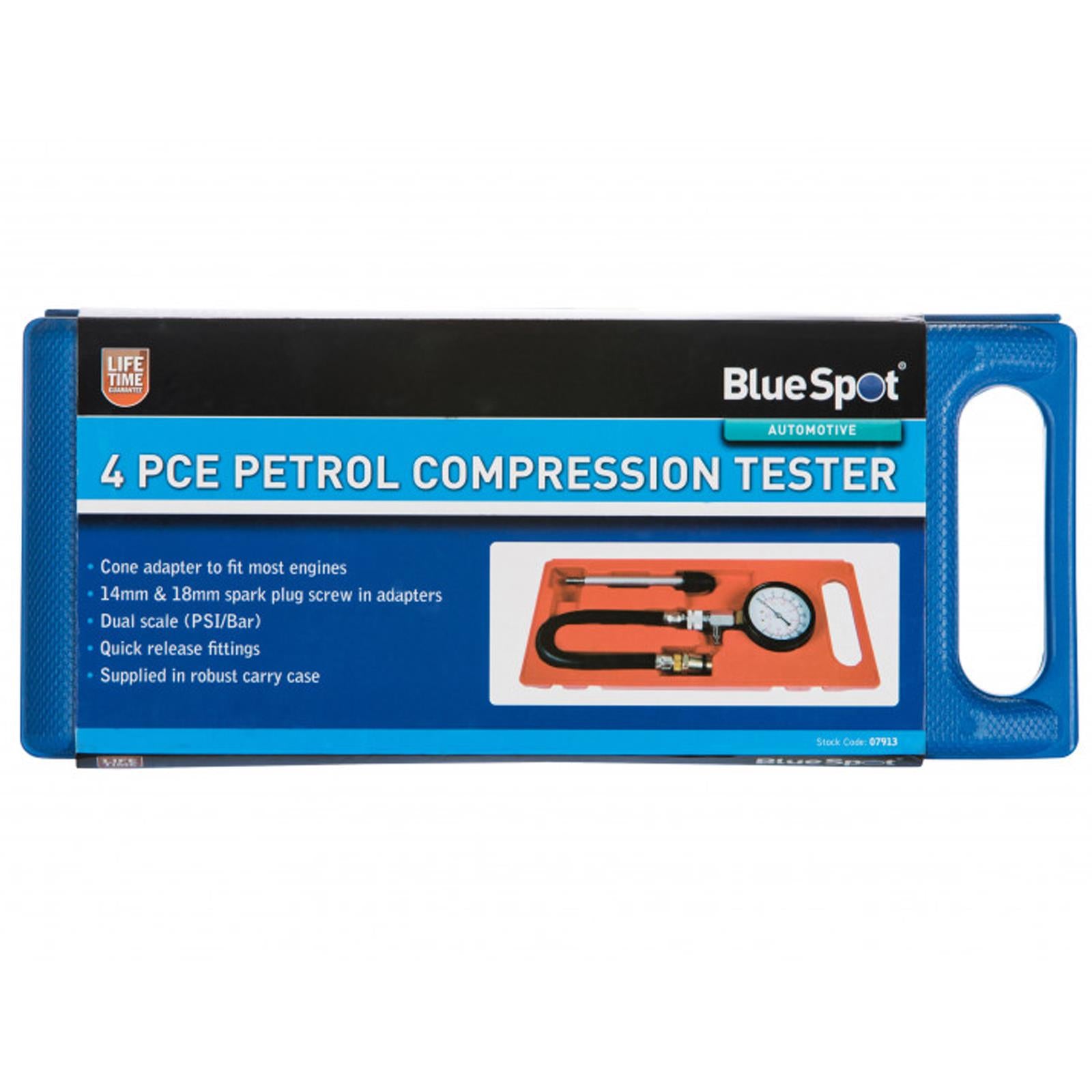 BlueSpot 4Pce New Petrol Engine Cylinder Pressure Tester Car Compression Gauge Test Kit + Case