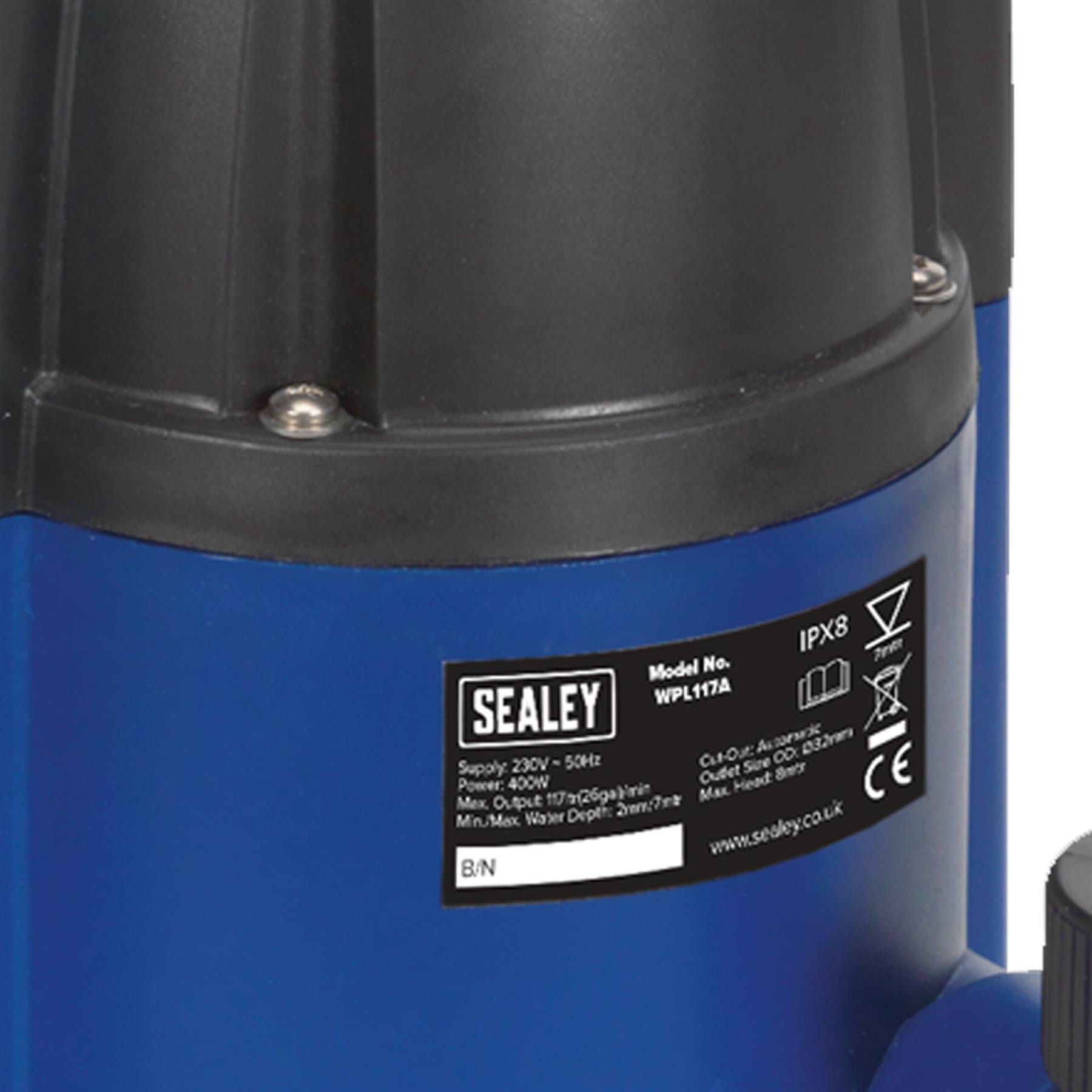 Submersible Water Pump Auto Low Level 2mm 117L/min 230V Sealey