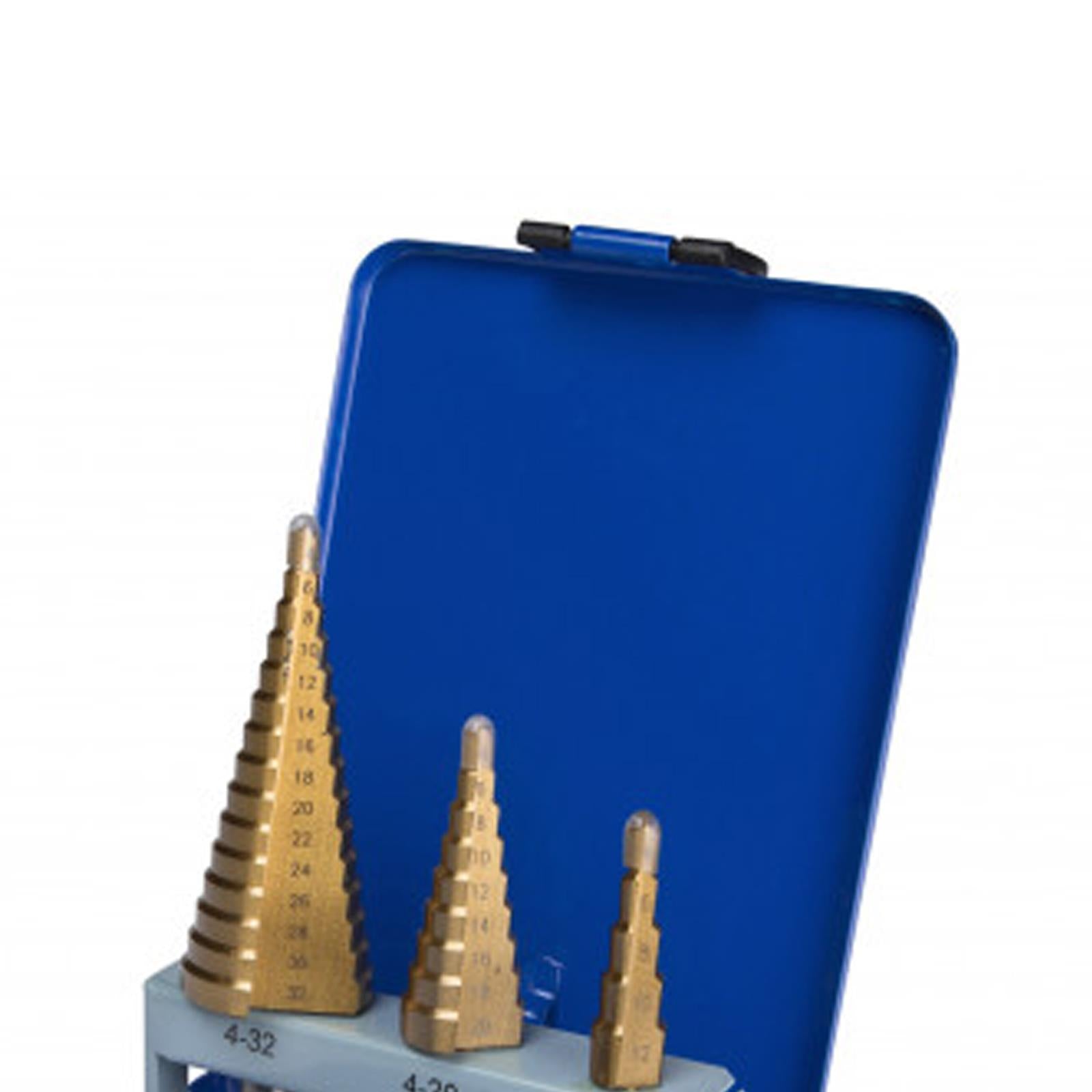 Heavy Duty 3 Piece Titanium Coated HSS Step Drill Bit Set 4-32mm For Woods