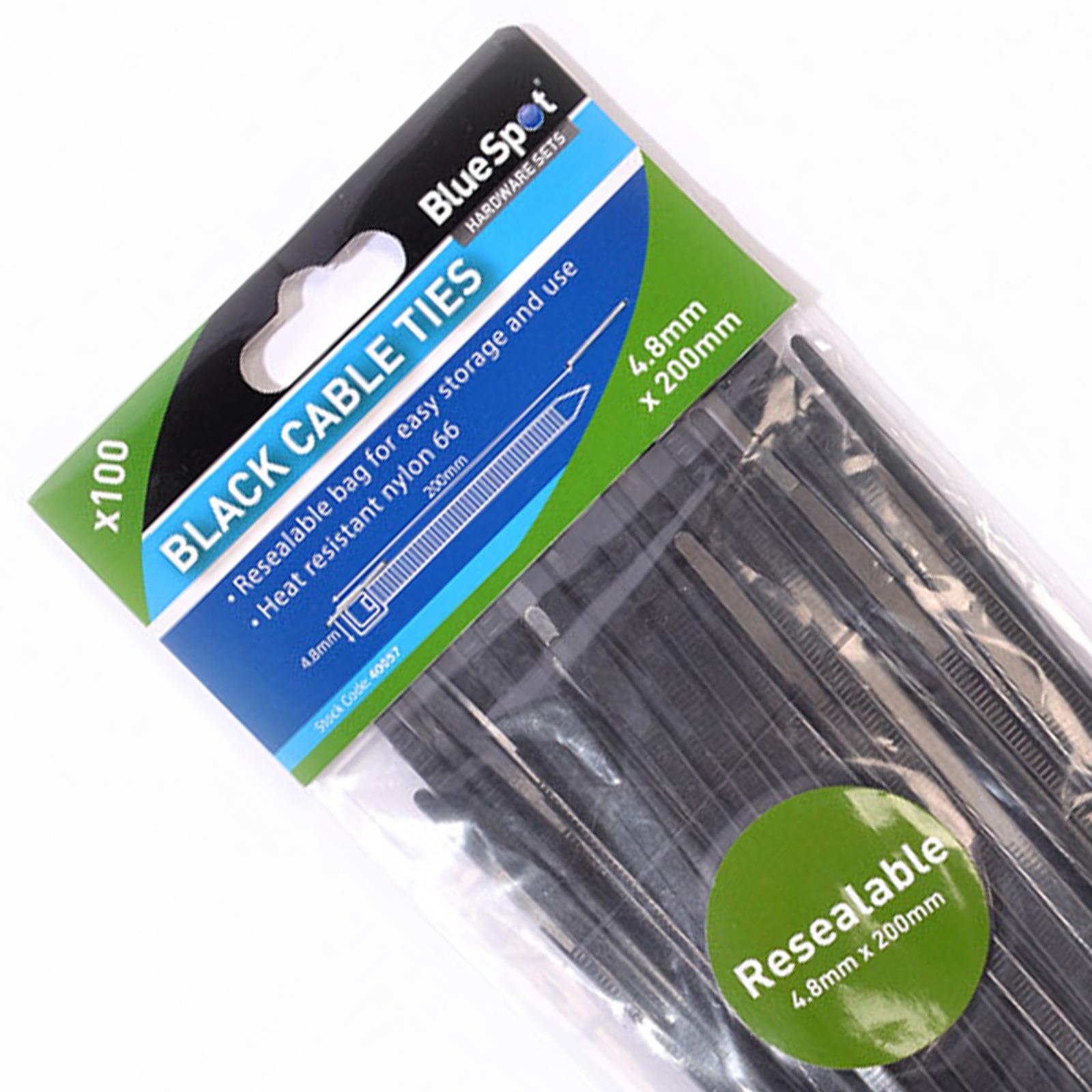 BlueSpot Black Cable Ties 100Pce 4.8mm X 200mm Long Thick Thin Narrow Small Fastener